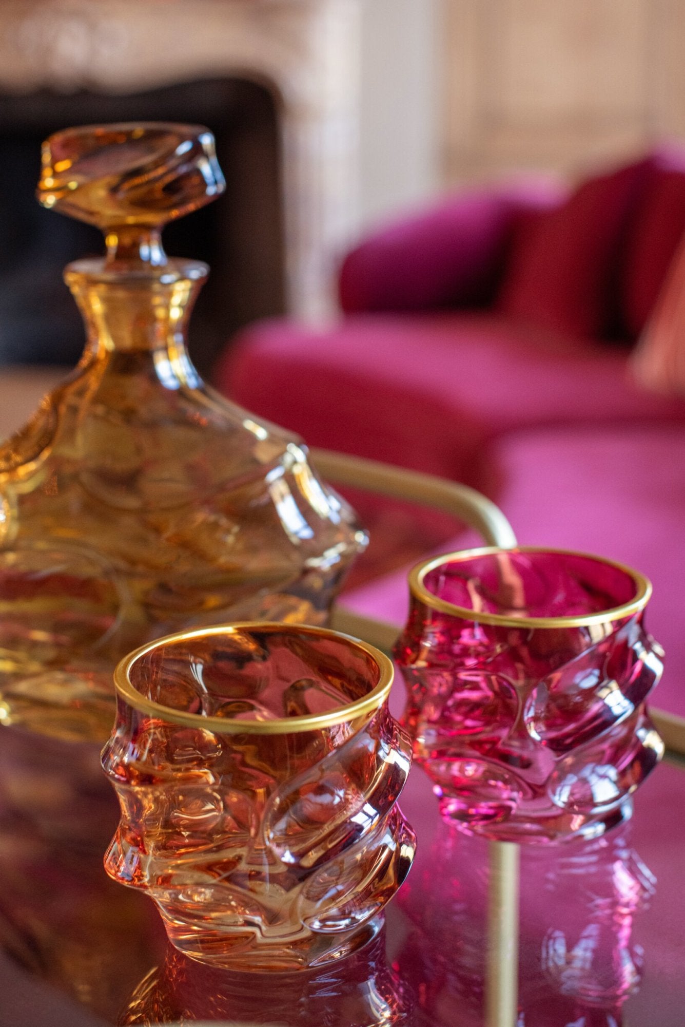 J-Line Waterglas Reliëf Gouden Rand Bordeaux/Lichtroze Assorti - 2 Stuks