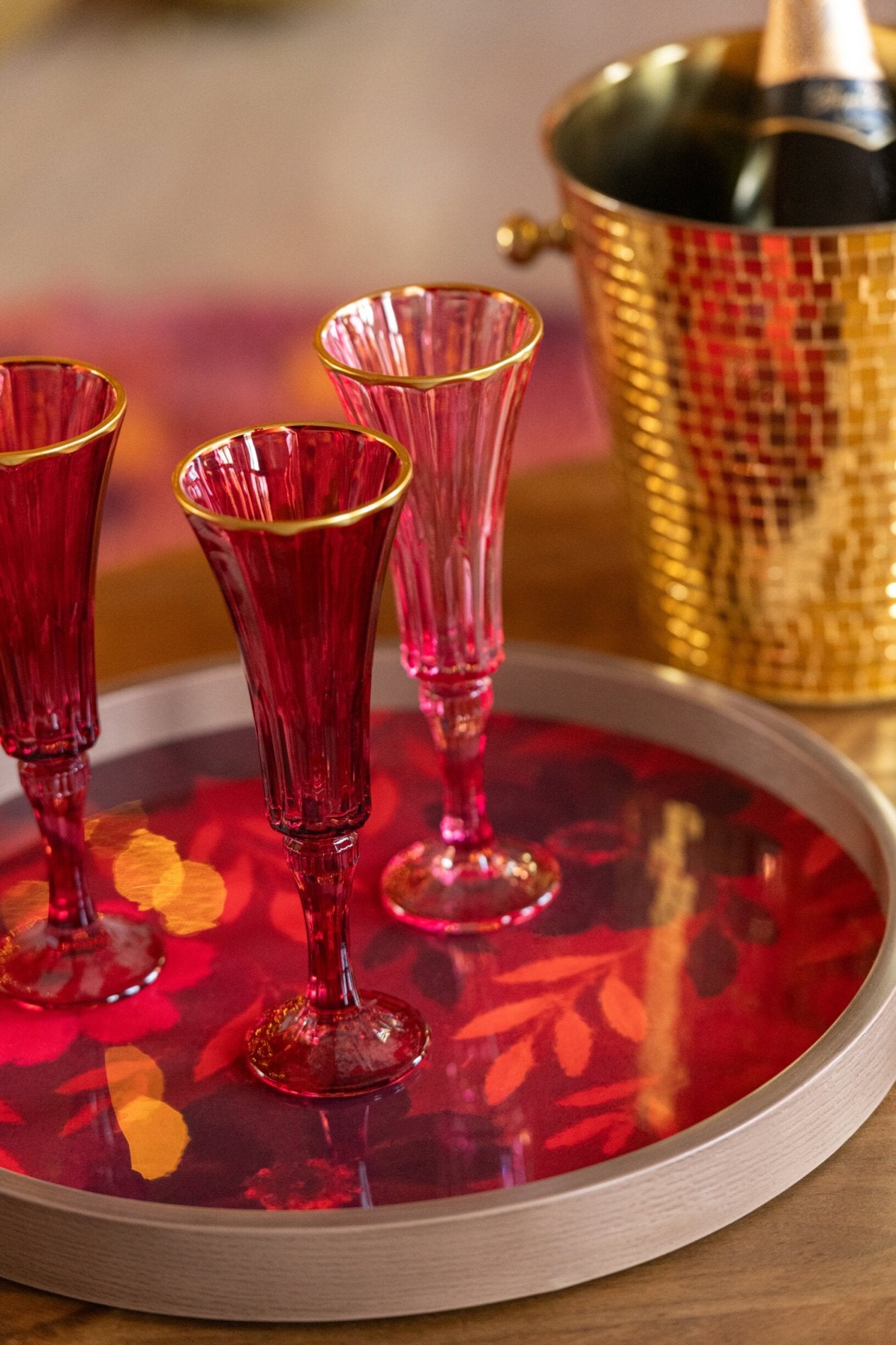 J-Line Champagneglas Reliëf Gouden Rand Klein Bordeaux/Lichtroze Assorti - 2 Stuks