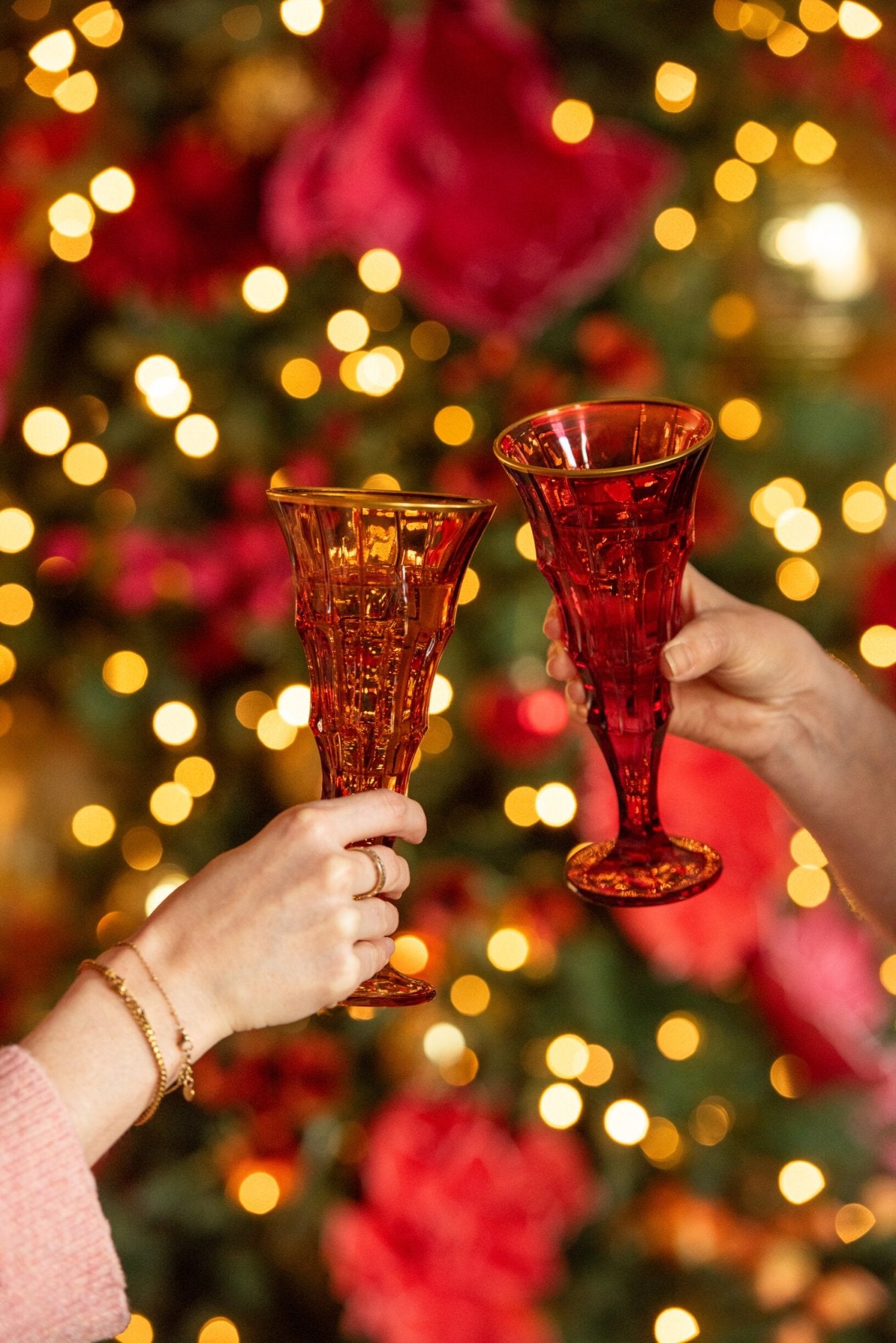 J-Line Champagneglas Reliëf Gouden Rand Groot Bordeaux/Lichtroze Assorti - 2 Stuks