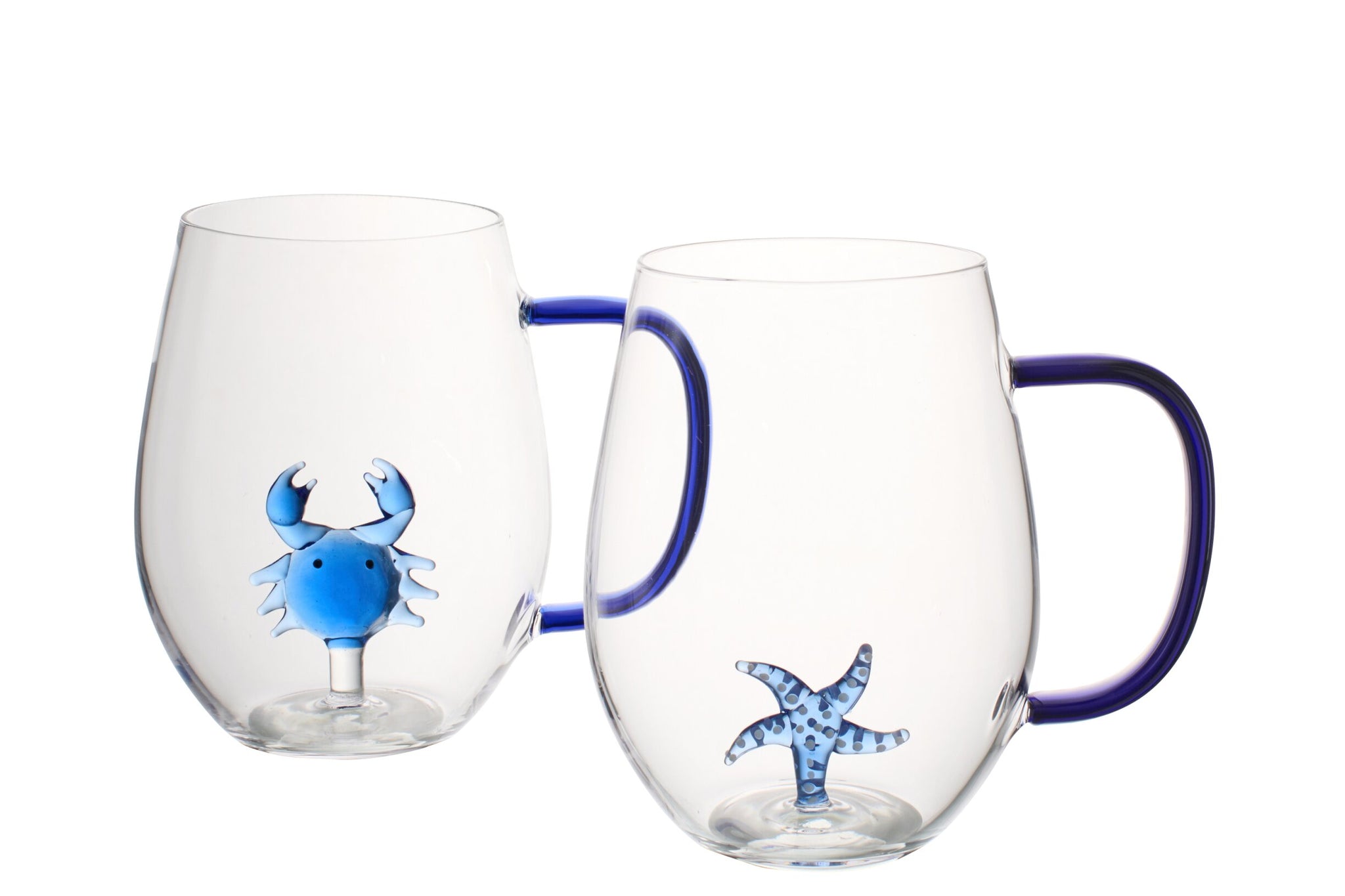 J-Line Waterglas Zeester/Krab met Oor Blauw/Transparant Assorti - 2 Stuks