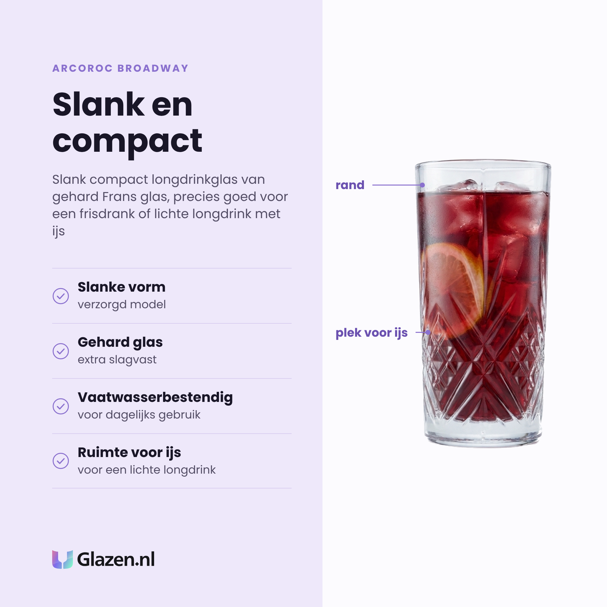 Arcoroc Broadway longdrinkglas 28 cl eigenschappen: slanke verzorgde vorm, gehard glas, vaatwasserbestendig, ruimte voor ijs