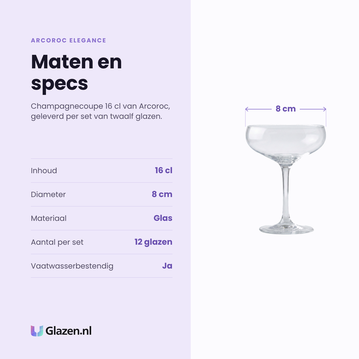 Arcoroc Elegance champagnecoupe 16 cl specificaties: inhoud 16 cl, diameter 8 cm, glas, set van 12