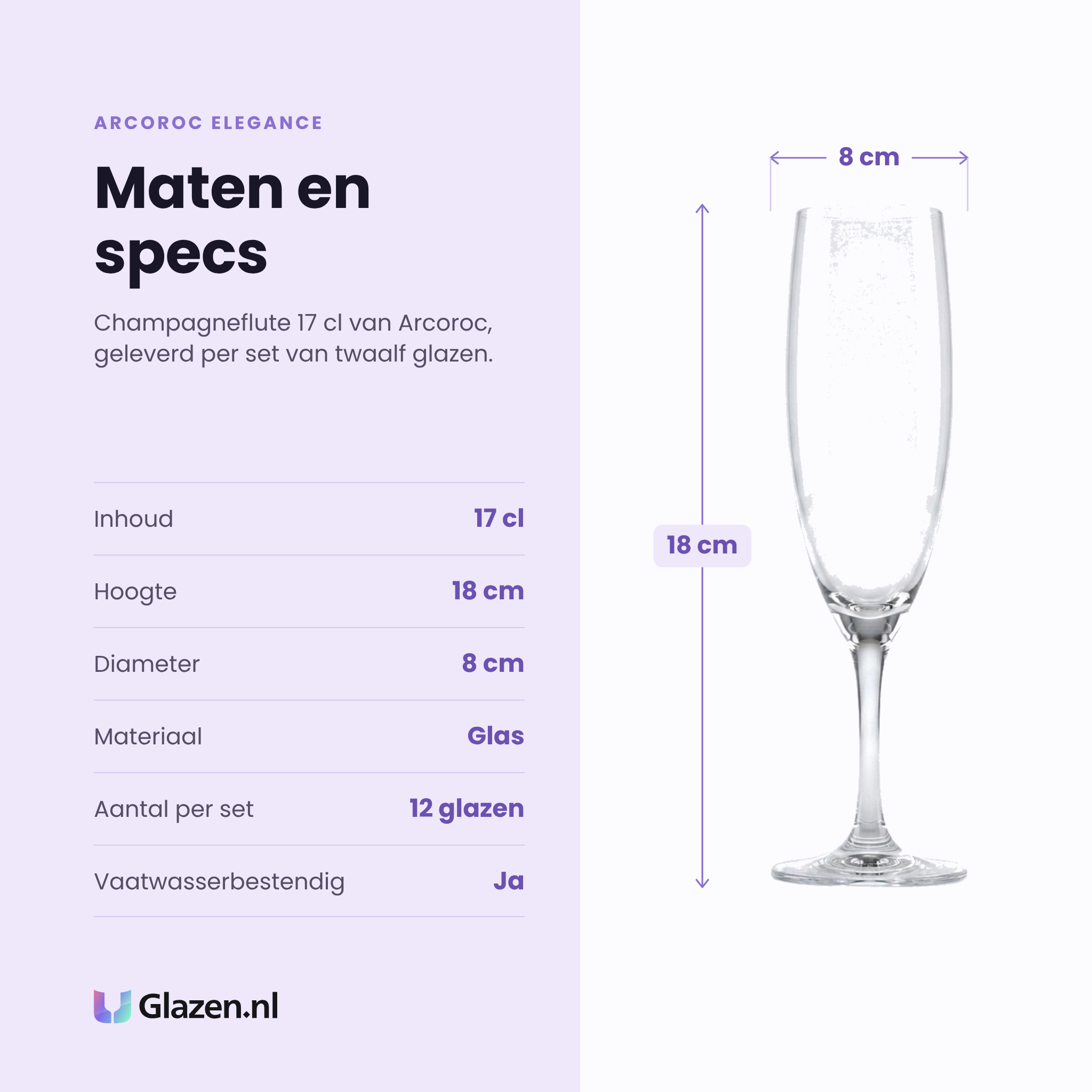 Arcoroc Elegance champagneflute 17 cl specificaties: inhoud 17 cl, hoogte 18 cm, diameter 8 cm, glas, set van 12