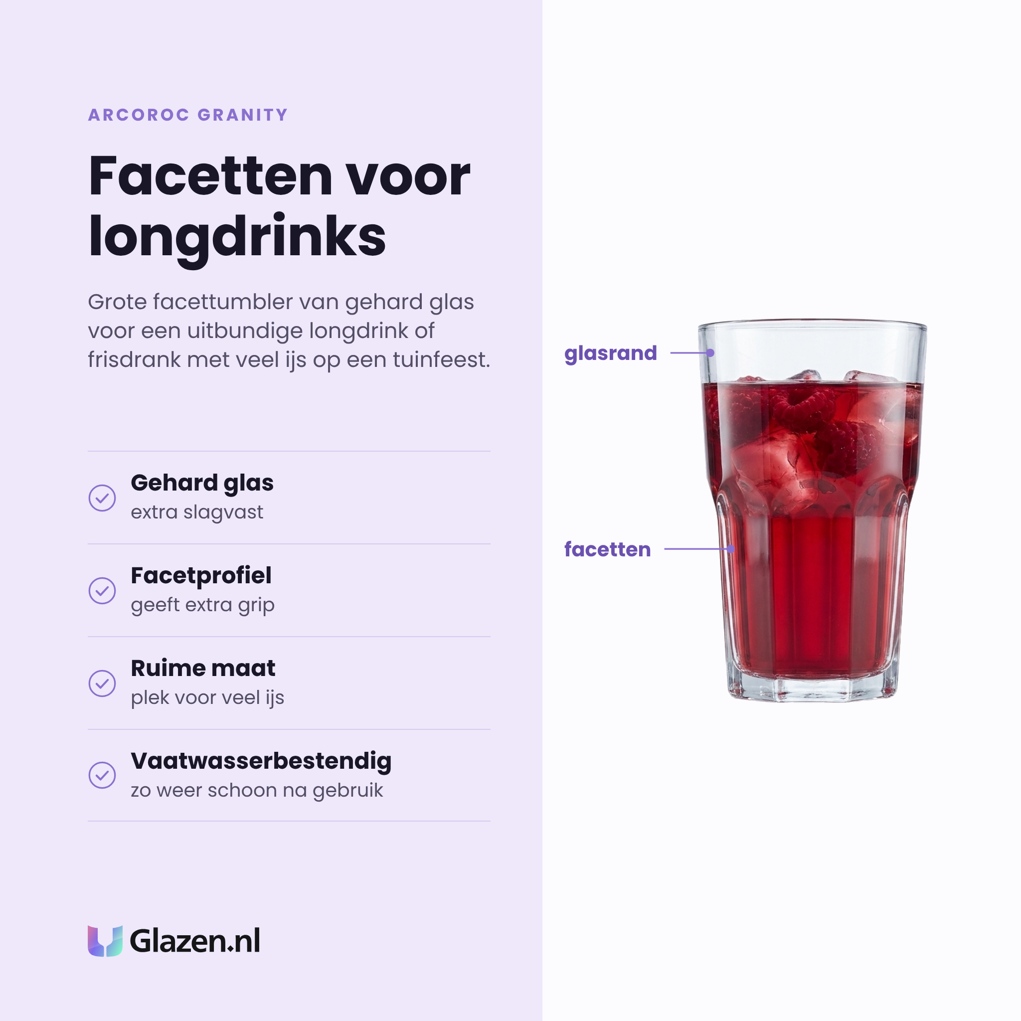 Arcoroc Granity tumbler 42 cl eigenschappen: gehard glas, facetprofiel met extra grip, ruime maat voor veel ijs, vaatwasserbestendig