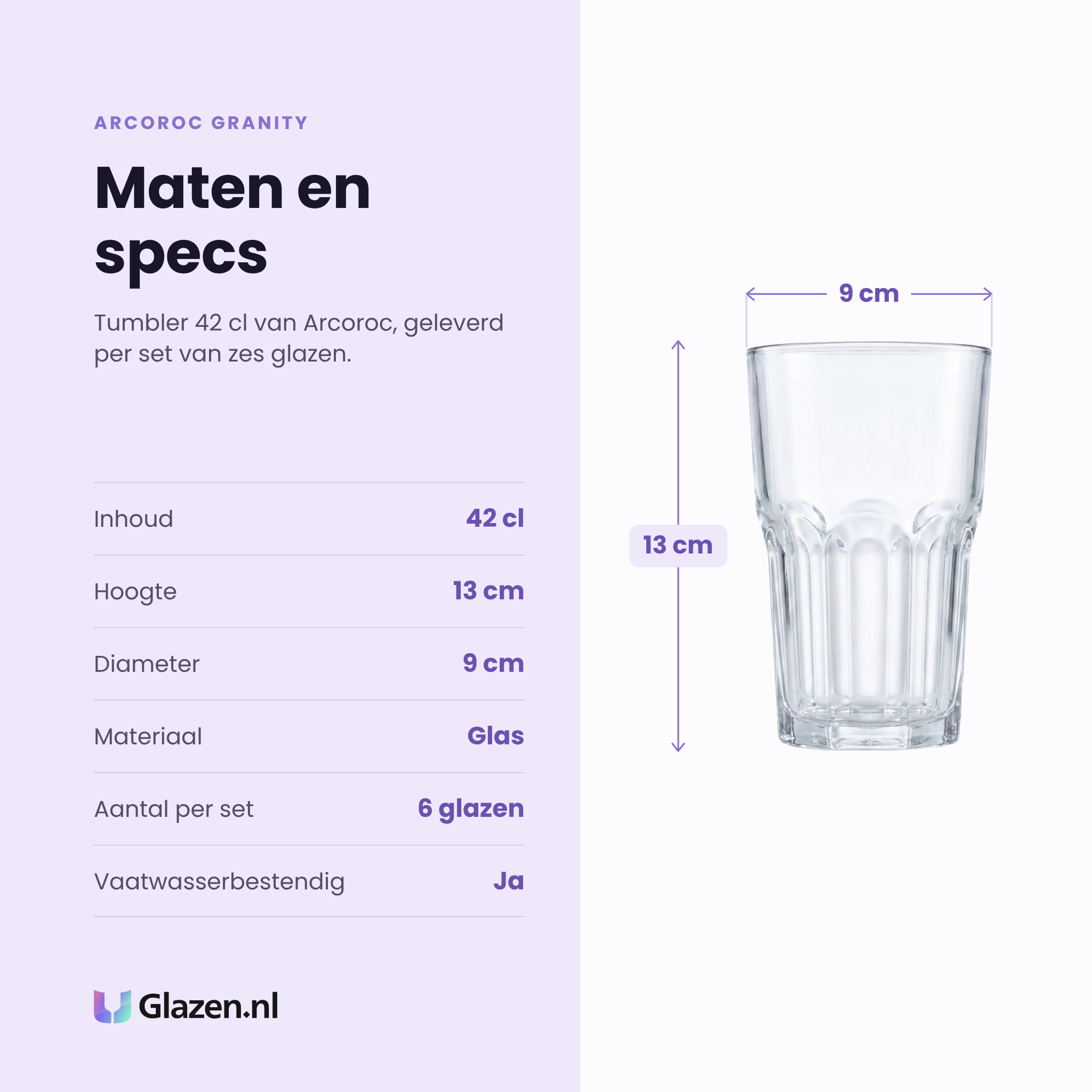 Arcoroc Granity tumbler 42 cl specificaties: inhoud 42 cl, hoogte 13 cm, diameter 9 cm, glas, set van 6