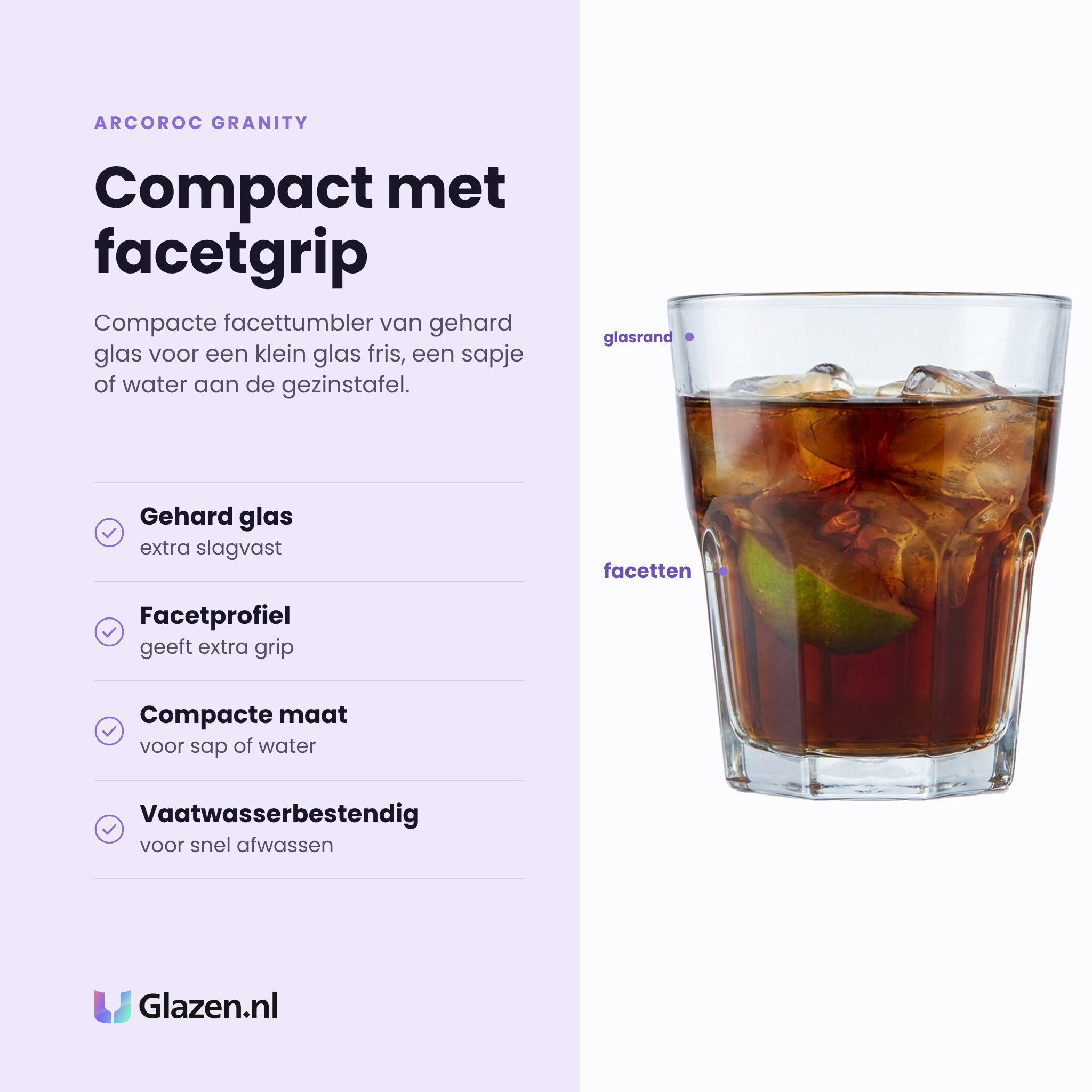 Arcoroc Granity tumbler 20 cl eigenschappen: gehard glas, facetprofiel geeft grip, compacte maat, vaatwasserbestendig