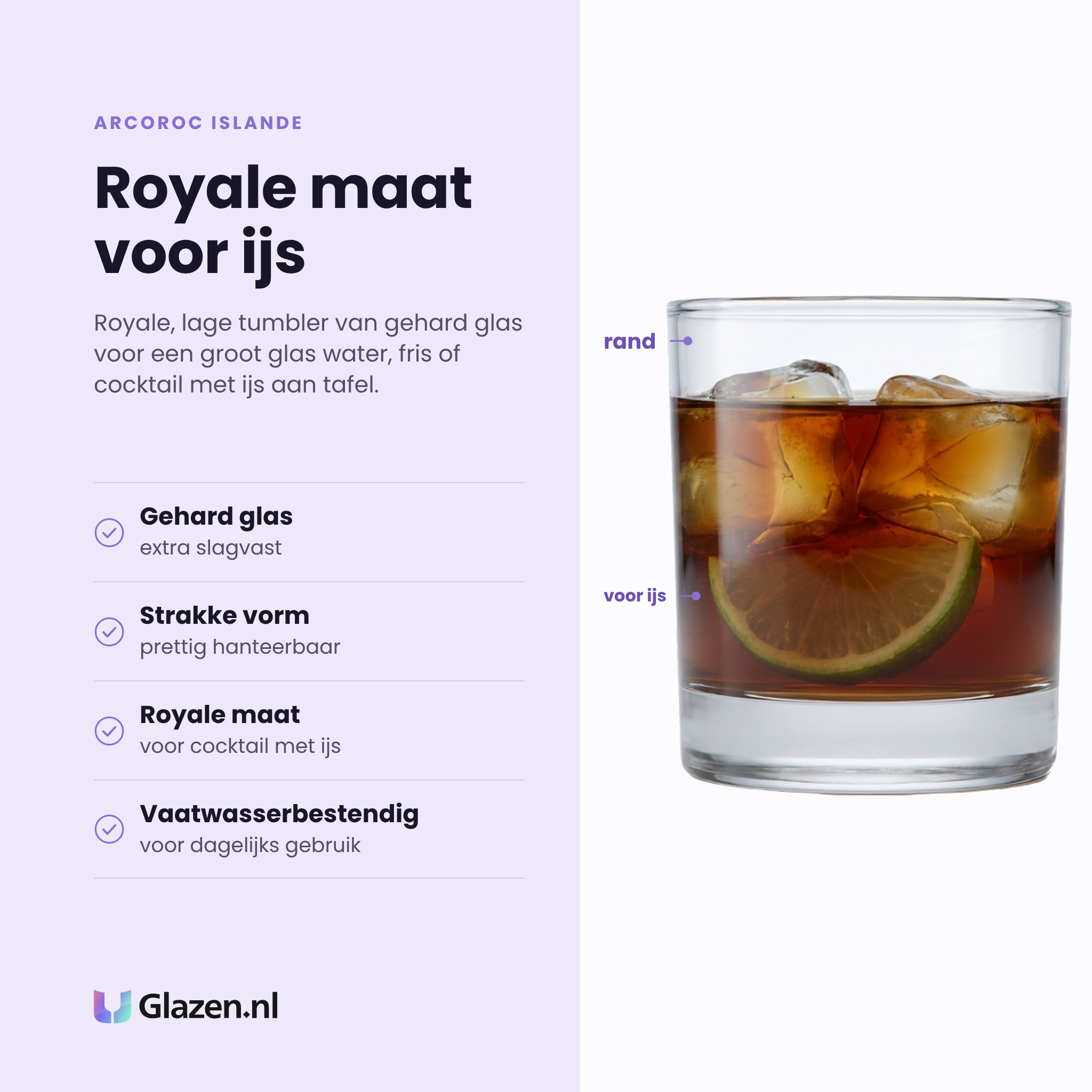 Arcoroc Islande tumbler 38 cl eigenschappen: gehard glas, strakke vorm, royale maat voor cocktail met ijs, vaatwasserbestendig