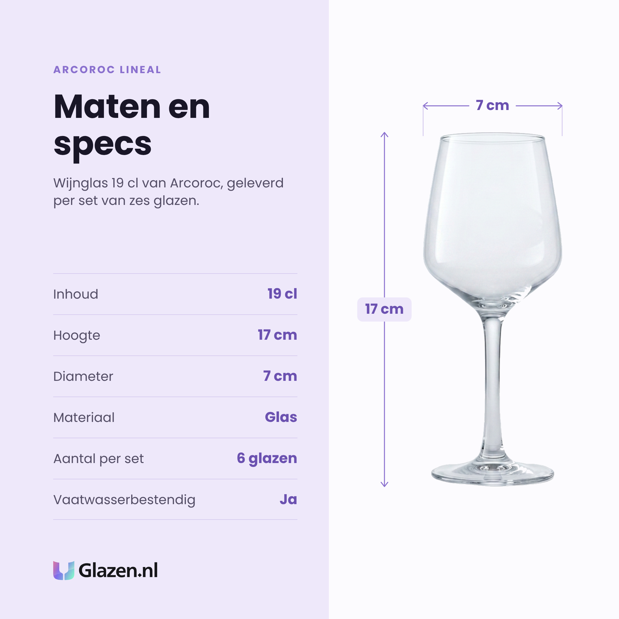 Arcoroc Lineal wijnglas 19 cl specificaties: inhoud 19 cl, hoogte 17 cm, diameter 7 cm, glas, set van 6