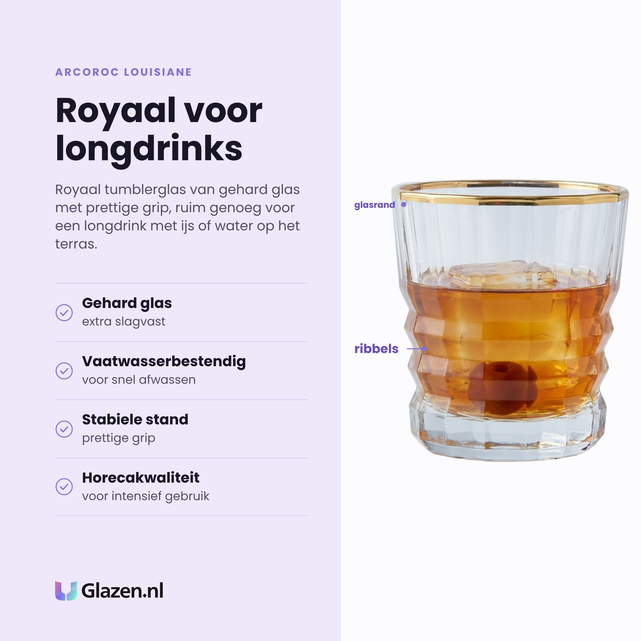 Arcoroc Louisiane tumbler 36 cl eigenschappen: gehard glas, vaatwasserbestendig, stabiele stand met prettige grip, horecakwaliteit