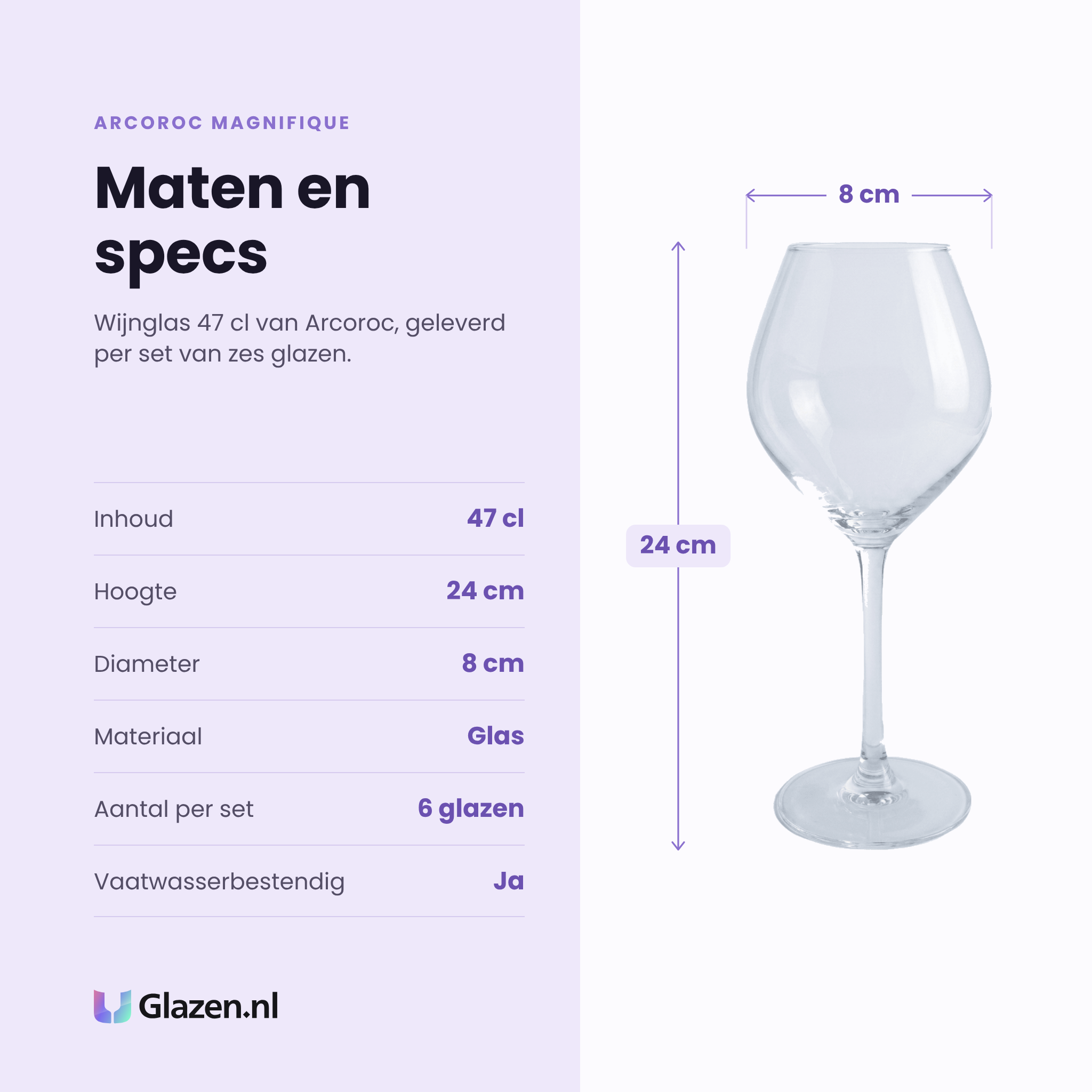 Arcoroc Magnifique wijnglas 47 cl specificaties: inhoud 47 cl, hoogte 24 cm, diameter 8 cm, glas, set van 6