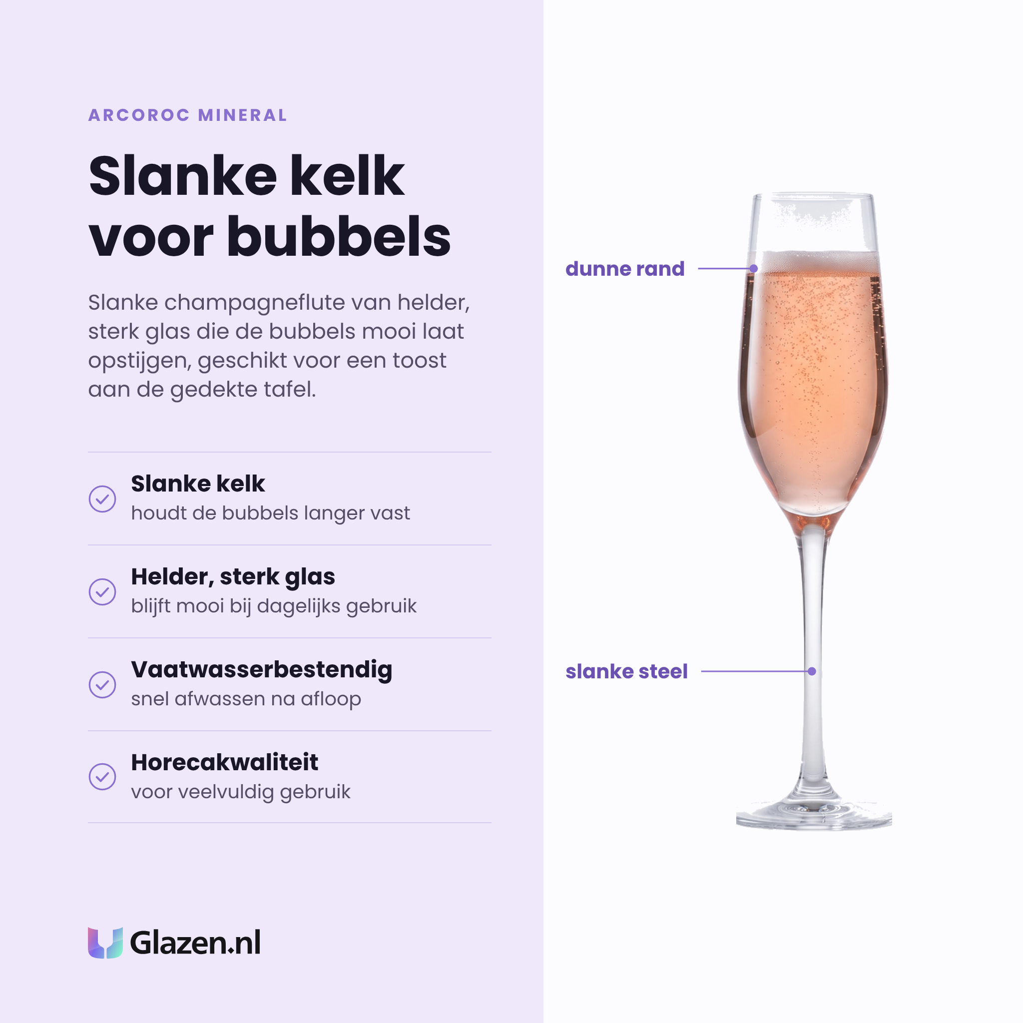 Arcoroc Mineral champagneflute 16 cl eigenschappen: slanke kelk, helder sterk glas, vaatwasserbestendig, horecakwaliteit