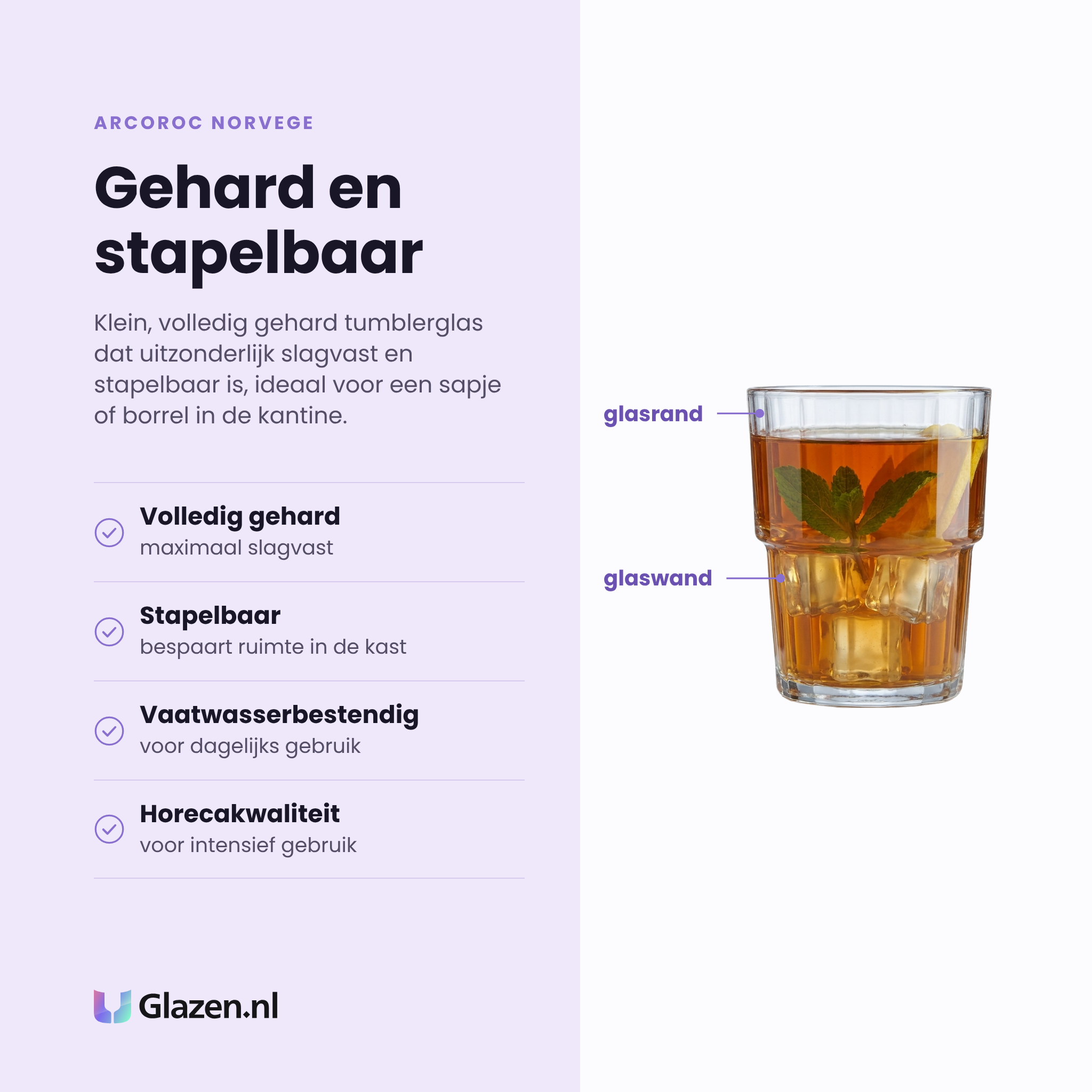 Arcoroc Norvege tumbler 16 cl eigenschappen: volledig gehard, stapelbaar, vaatwasserbestendig, horecakwaliteit