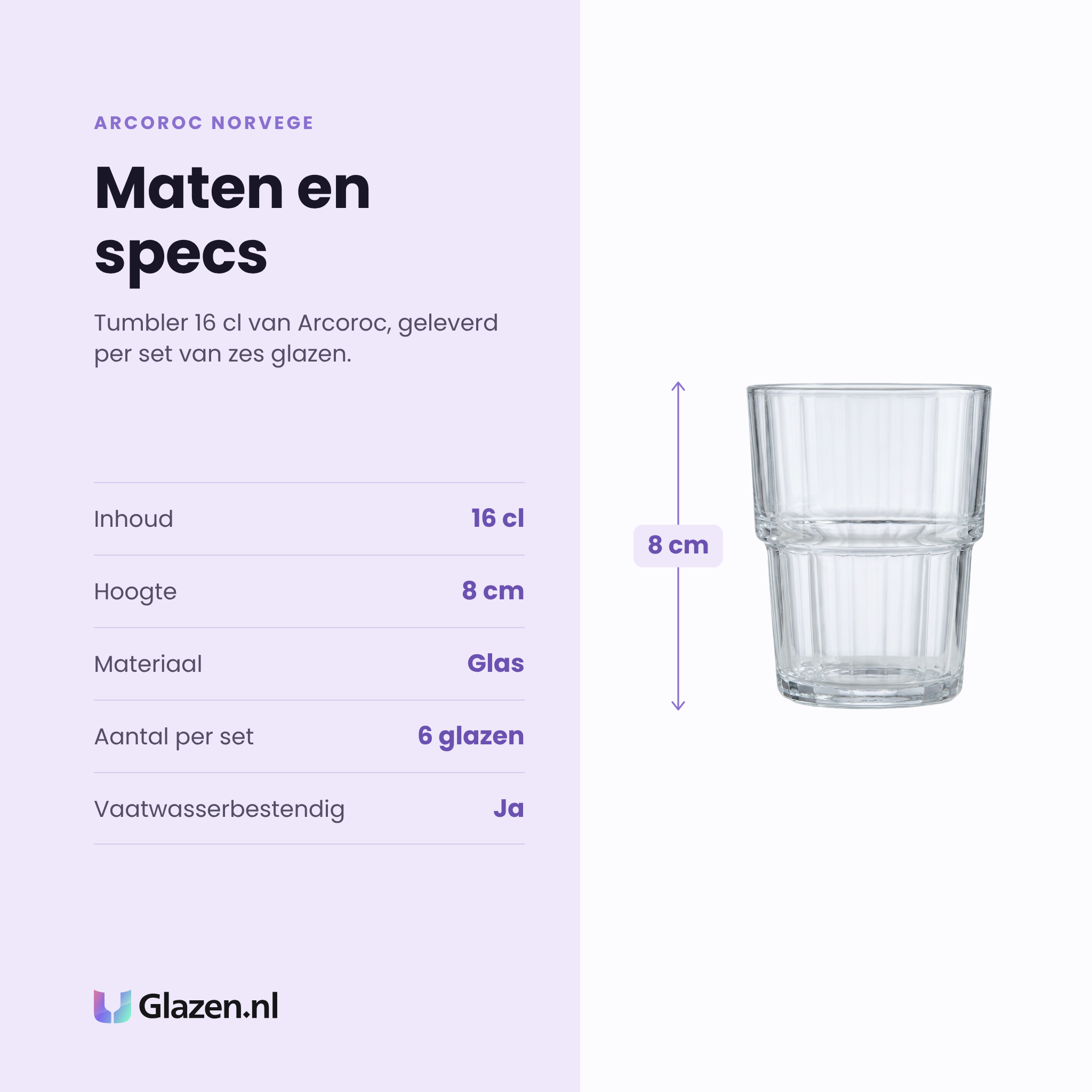 Arcoroc Norvege tumbler 16 cl specificaties: inhoud 16 cl, hoogte 8 cm, glas, set van 6
