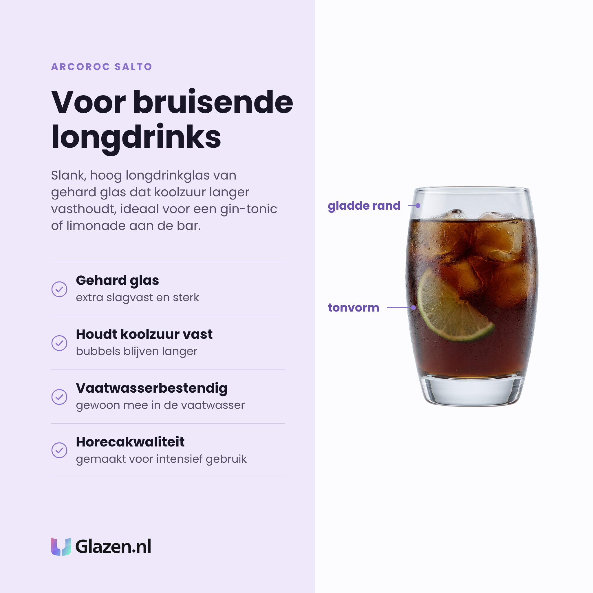 Arcoroc Salto longdrinkglas 35 cl eigenschappen: gehard glas, houdt koolzuur langer vast, vaatwasserbestendig, horecakwaliteit