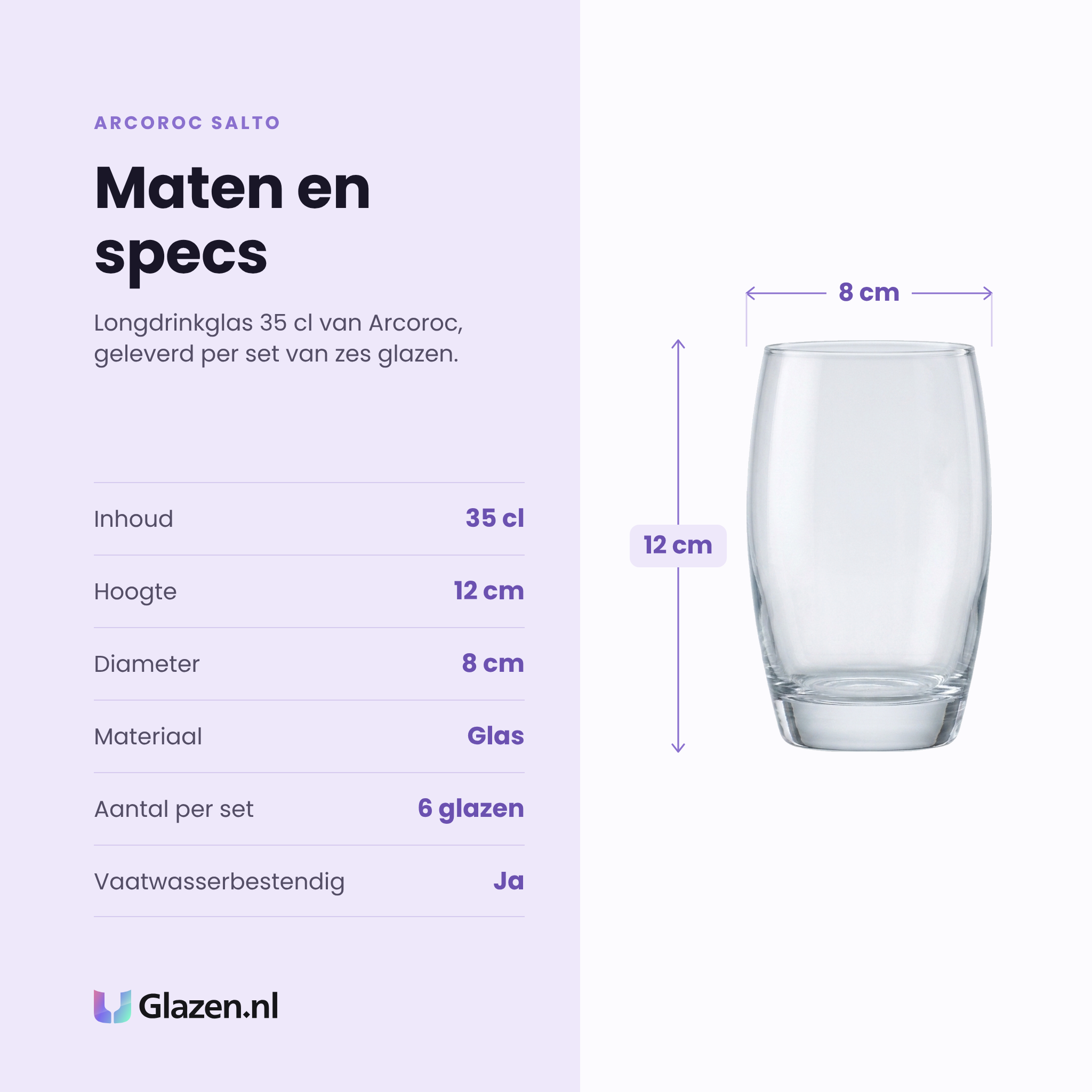 Arcoroc Salto longdrinkglas 35 cl specificaties: inhoud 35 cl, hoogte 12 cm, diameter 8 cm, glas, set van 6