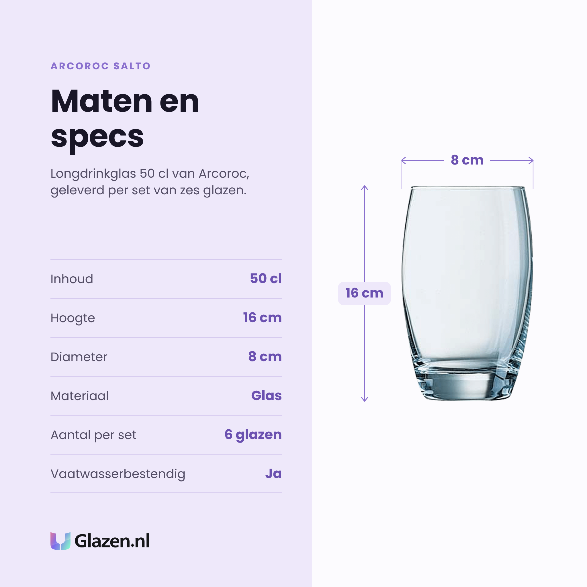 Arcoroc Salto longdrinkglas 50 cl specificaties: inhoud 50 cl, hoogte 16 cm, diameter 8 cm, glas, set van 6
