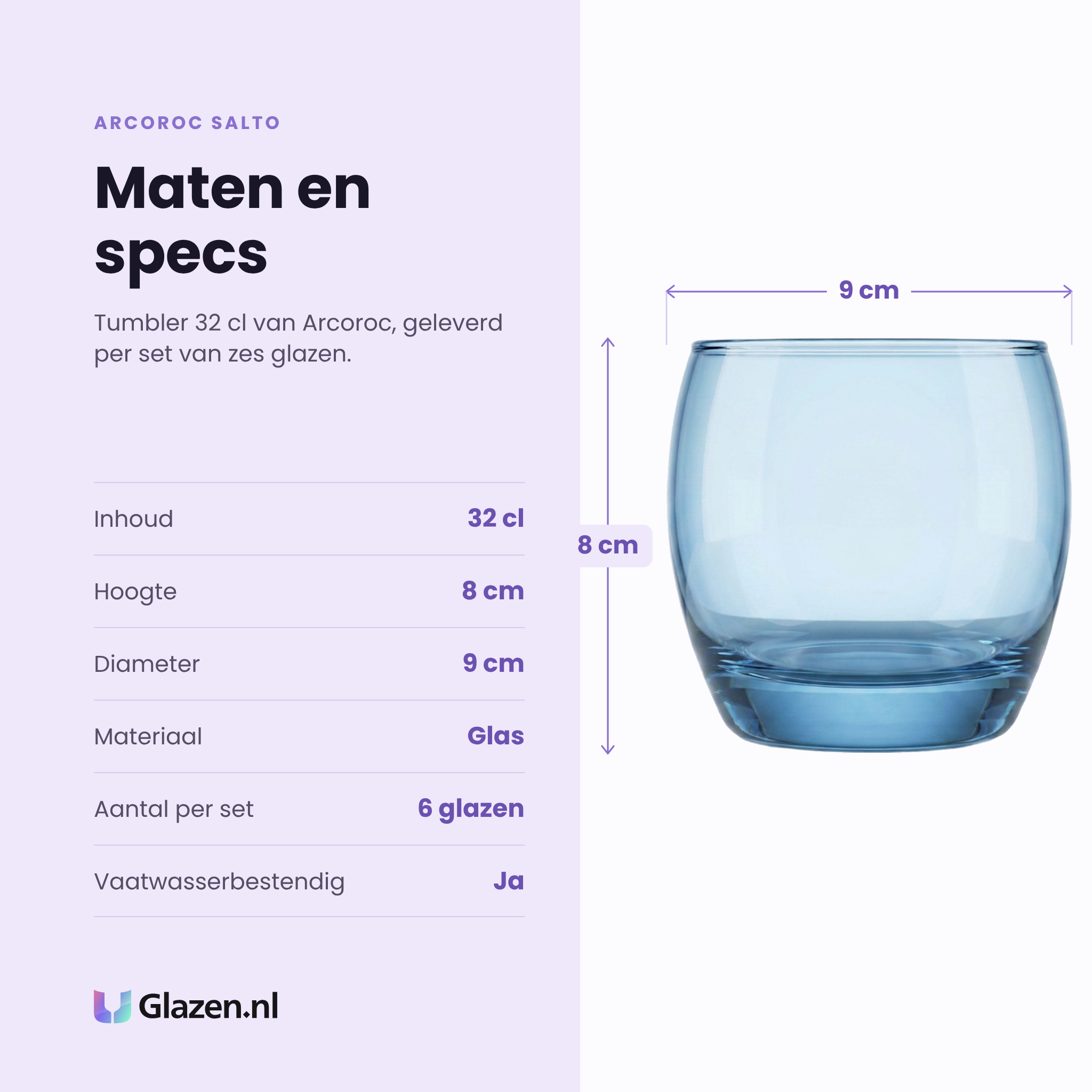 Arcoroc Salto tumbler 32 cl specificaties: inhoud 32 cl, hoogte 8 cm, diameter 9 cm, glas, set van 6