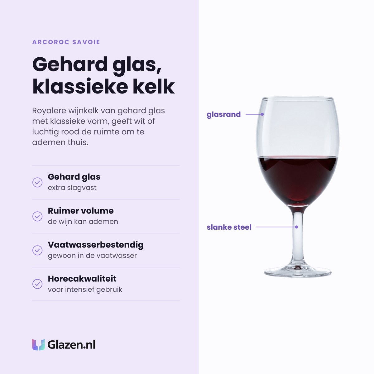 Arcoroc Savoie wijnglas 24,5 cl eigenschappen: gehard glas, ruimer volume, vaatwasserbestendig, horecakwaliteit