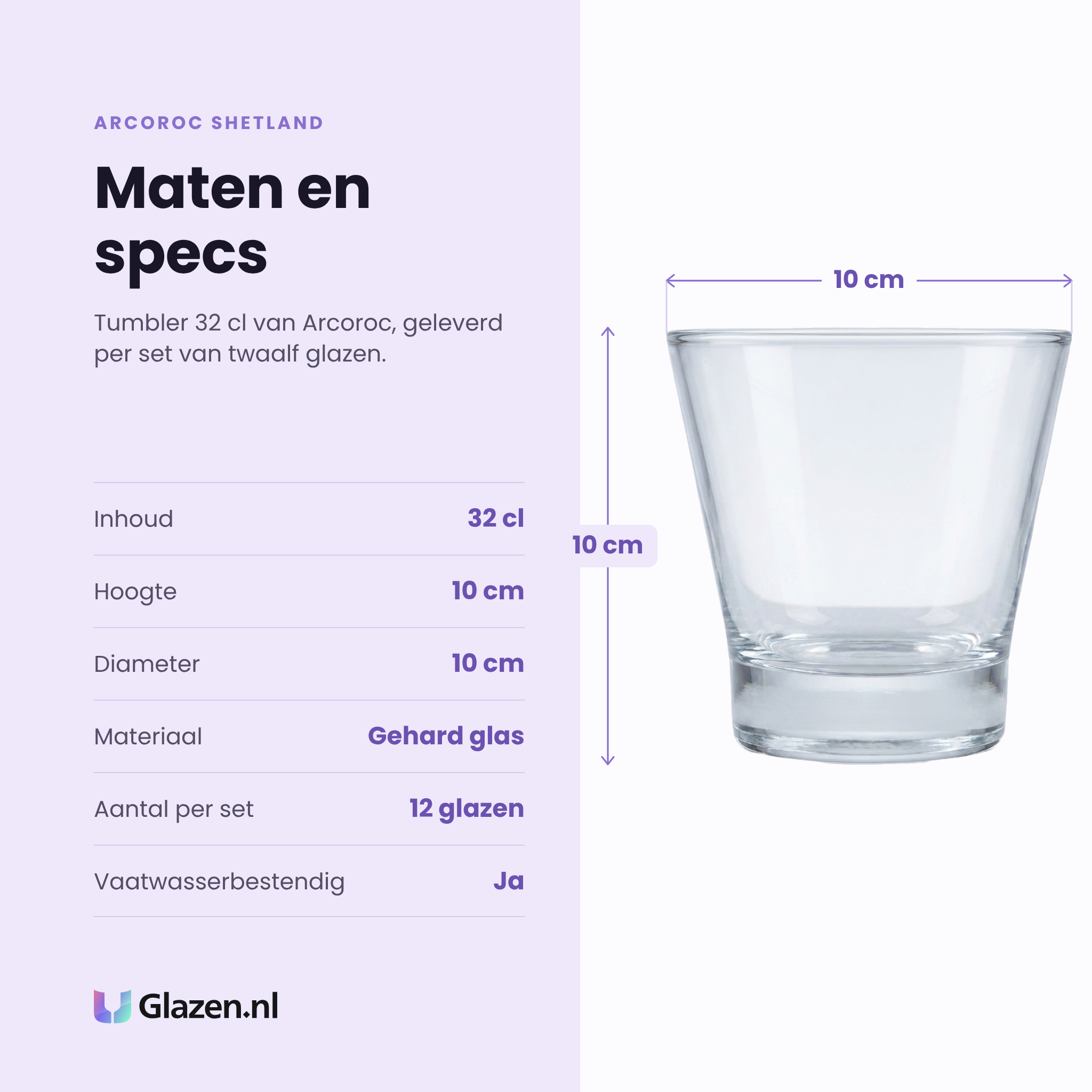 Arcoroc Shetland tumbler 32 cl specificaties: inhoud 32 cl, hoogte 10 cm, diameter 10 cm, gehard glas, set van 12