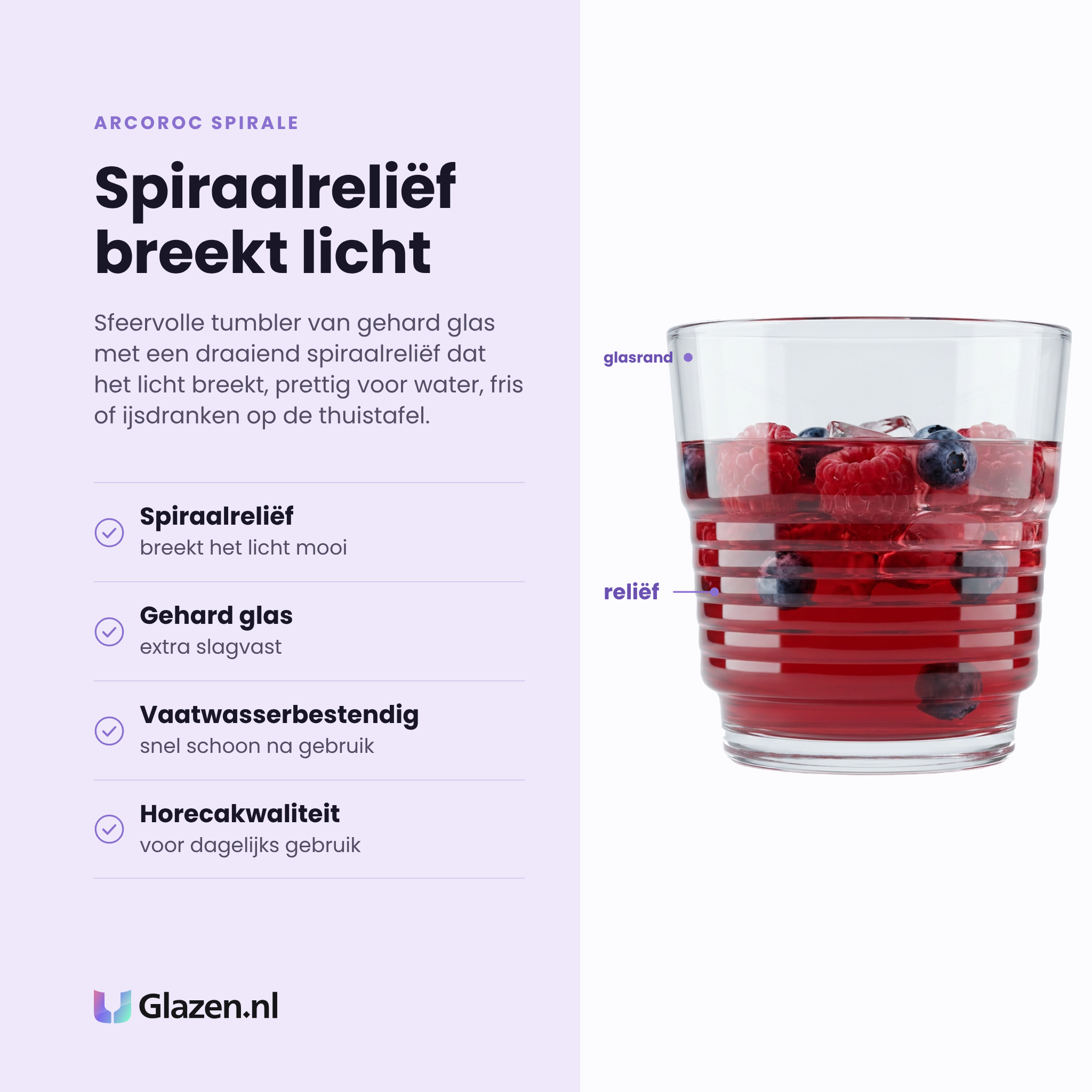 Arcoroc Spirale tumbler 25 cl eigenschappen: spiraalreliëf breekt het licht, gehard glas, vaatwasserbestendig, horecakwaliteit