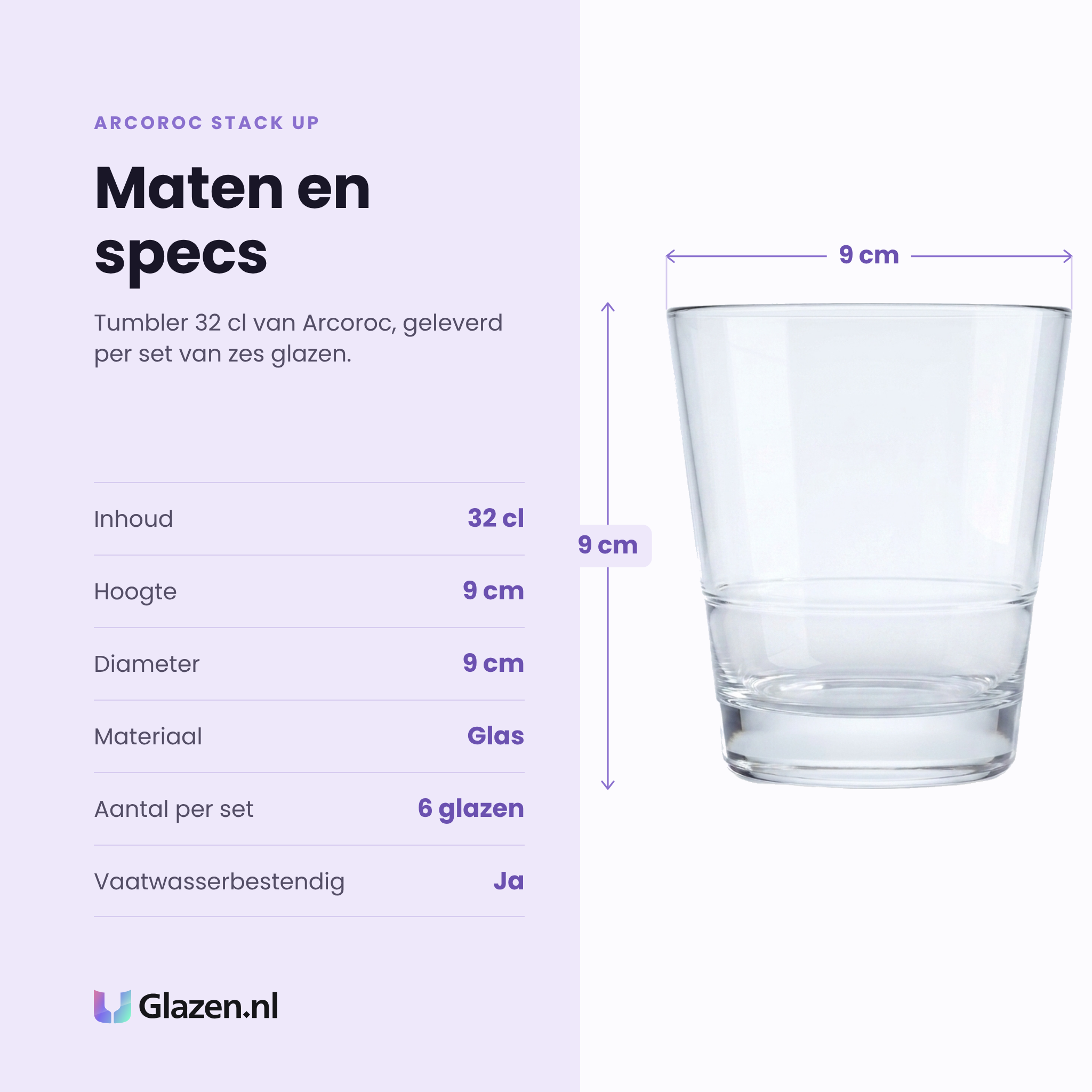 Arcoroc Stack Up tumbler 32 cl specificaties: inhoud 32 cl, hoogte 9 cm, diameter 9 cm, glas, set van 6