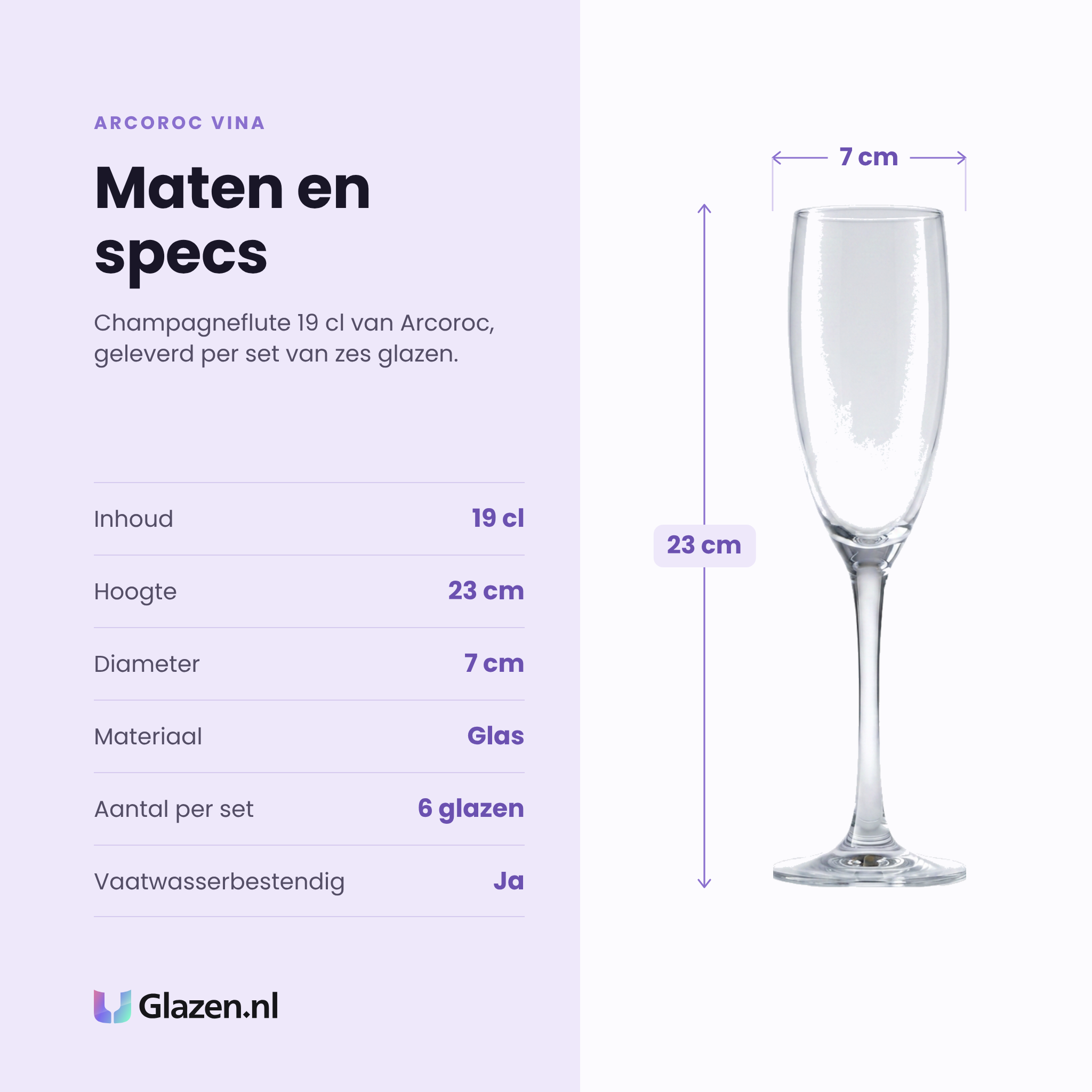Arcoroc Vina champagneflute 19 cl specificaties: inhoud 19 cl, hoogte 23 cm, diameter 7 cm, glas, set van 6