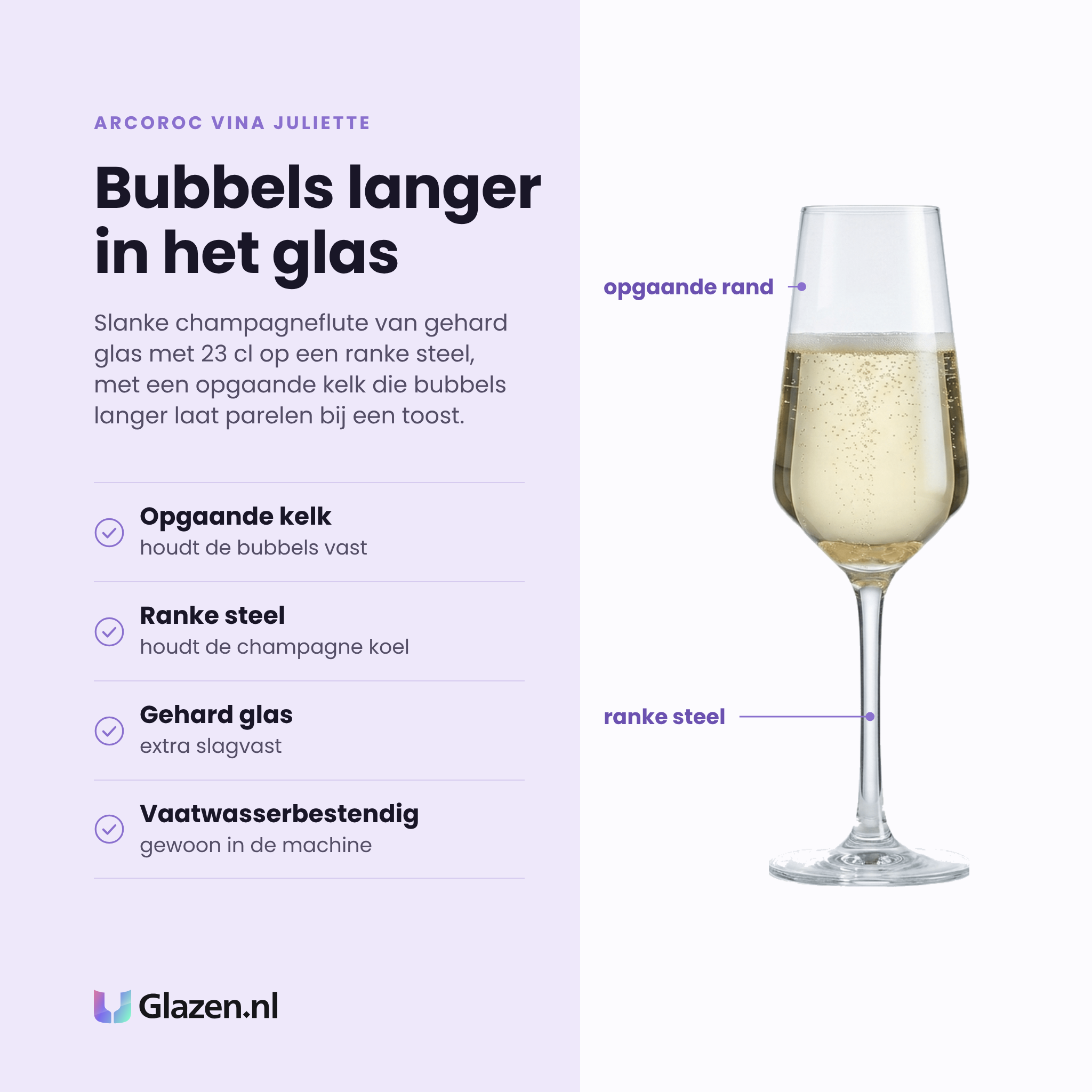 Arcoroc Vina Juliette champagneflute 23 cl eigenschappen: gehard glas, opgaande kelk houdt de bubbels, ranke steel houdt koel, vaatwasserbestendig