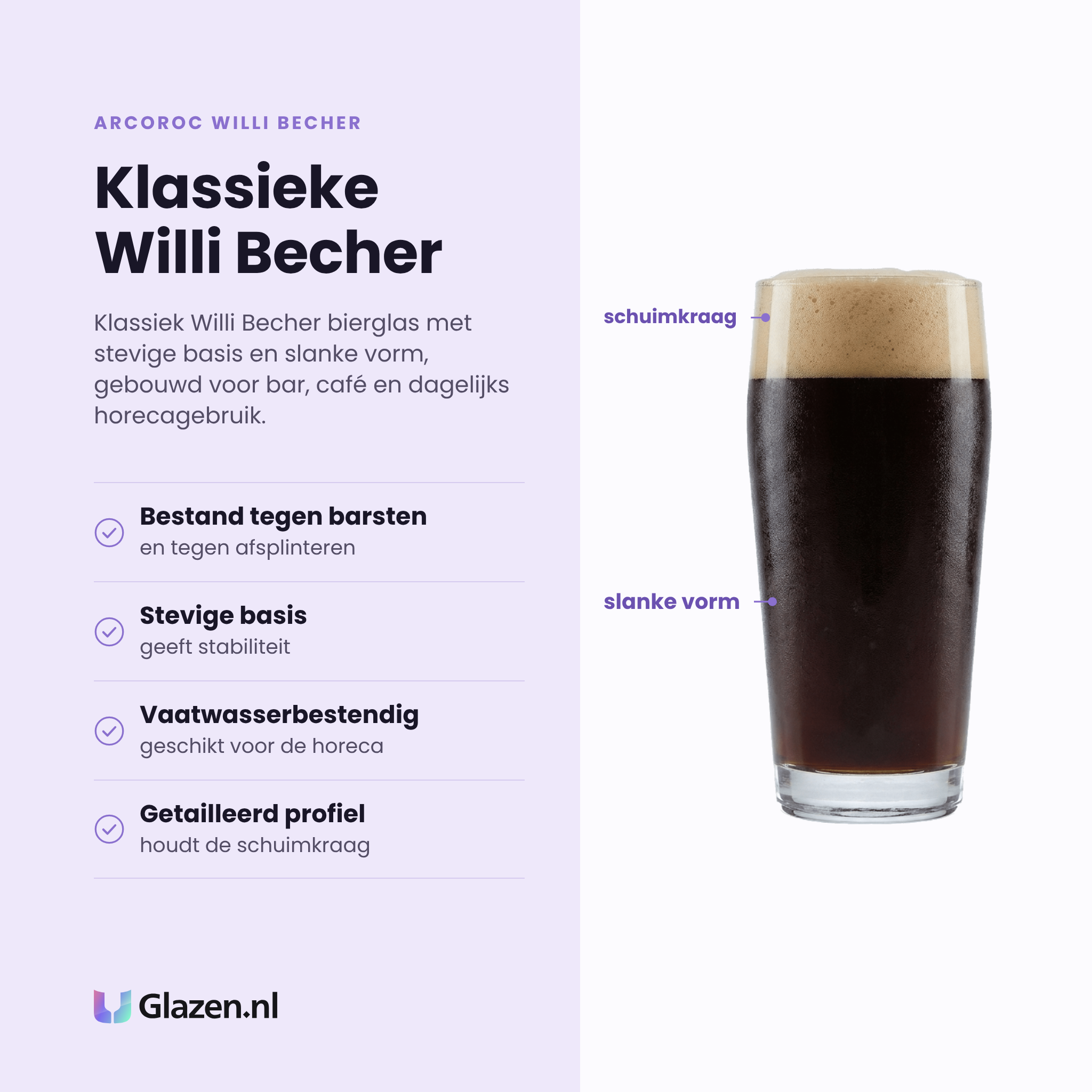 Arcoroc Willi Becher bierglas 48 cl eigenschappen: bestand tegen barsten en afsplinteren, stevige basis, vaatwasserbestendig, getailleerd profiel