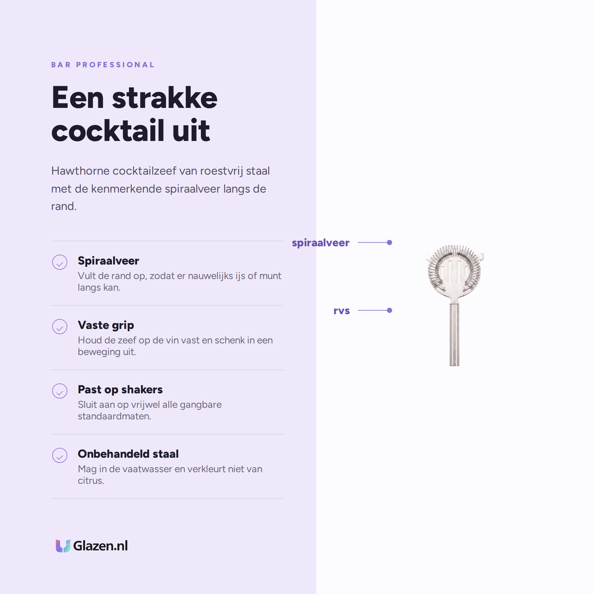 Infographic met de eigenschappen van Bar Professional Cocktailzeef Hawthorne RVS