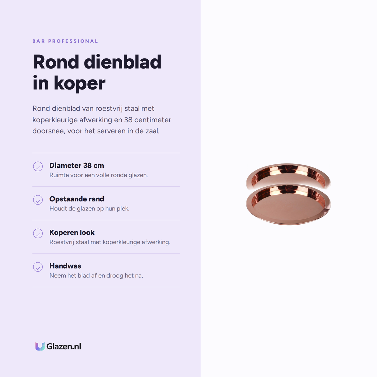 Infographic met de eigenschappen van Bar Professional Dienblad Koper 38 cm