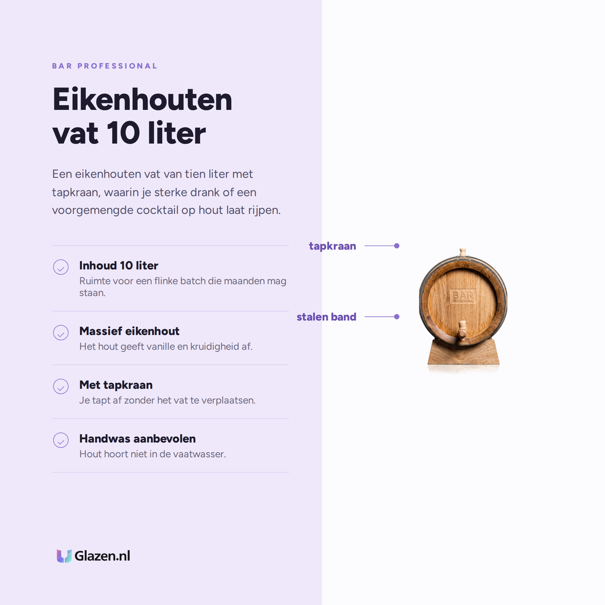 Eigenschappen van de Bar Professional Eikenhouten Vat 10 Liter