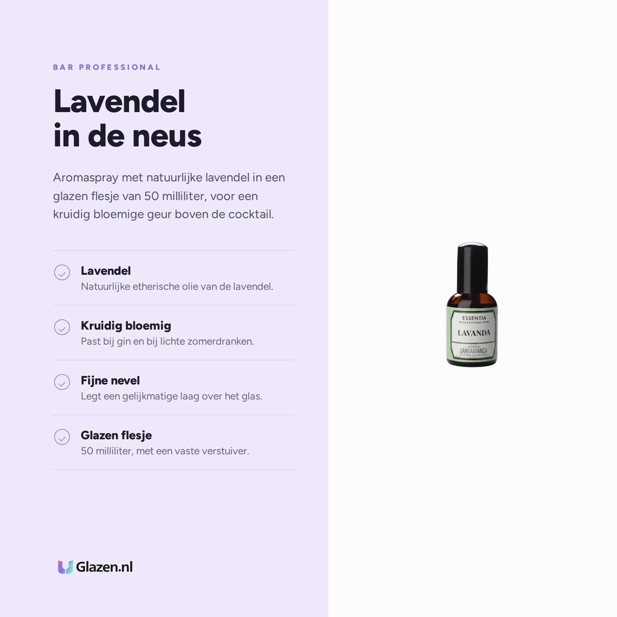 Infographic met de eigenschappen van Bar Professional Essentia Aroma Lavendel 50 ml