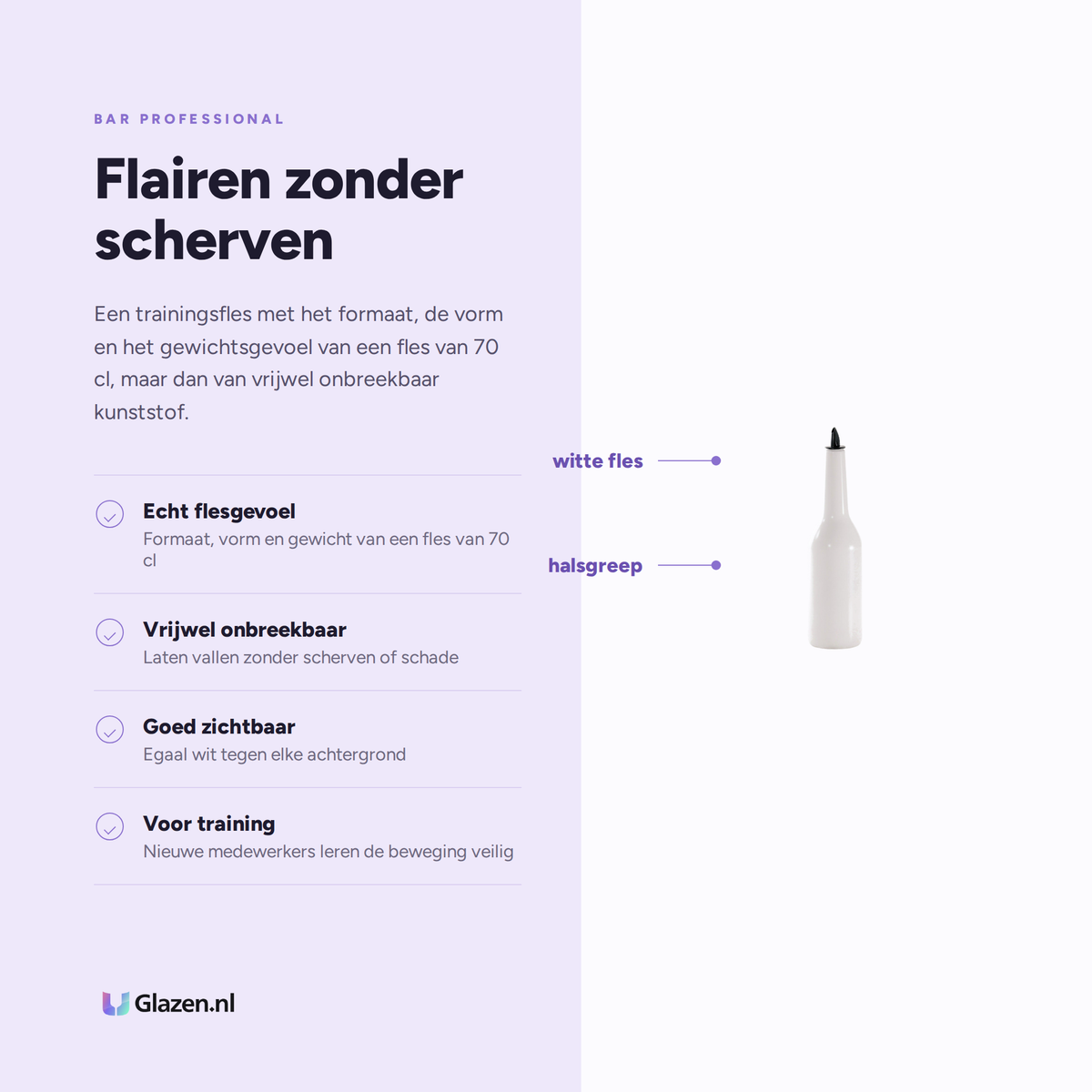 Eigenschappen van de witte flair trainingsfles van 70 cl van Bar Professional