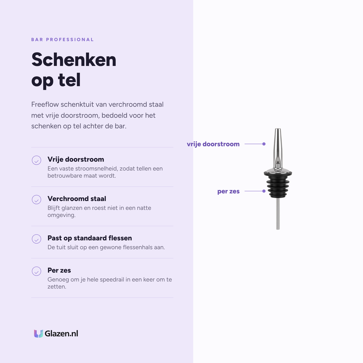 Bar Professional Freeflow Schenktuit Chroom - 6 Stuks eigenschappen: vrije doorstroom, verchroomd staal, past op standaard flessen, per zes