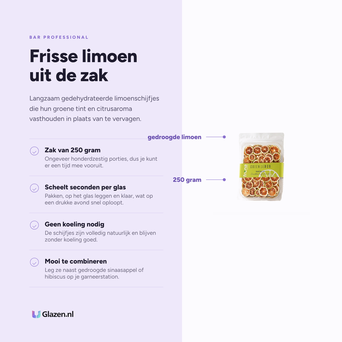 Infographic met de eigenschappen van de gedroogde limoenschijfjes van 250 gram