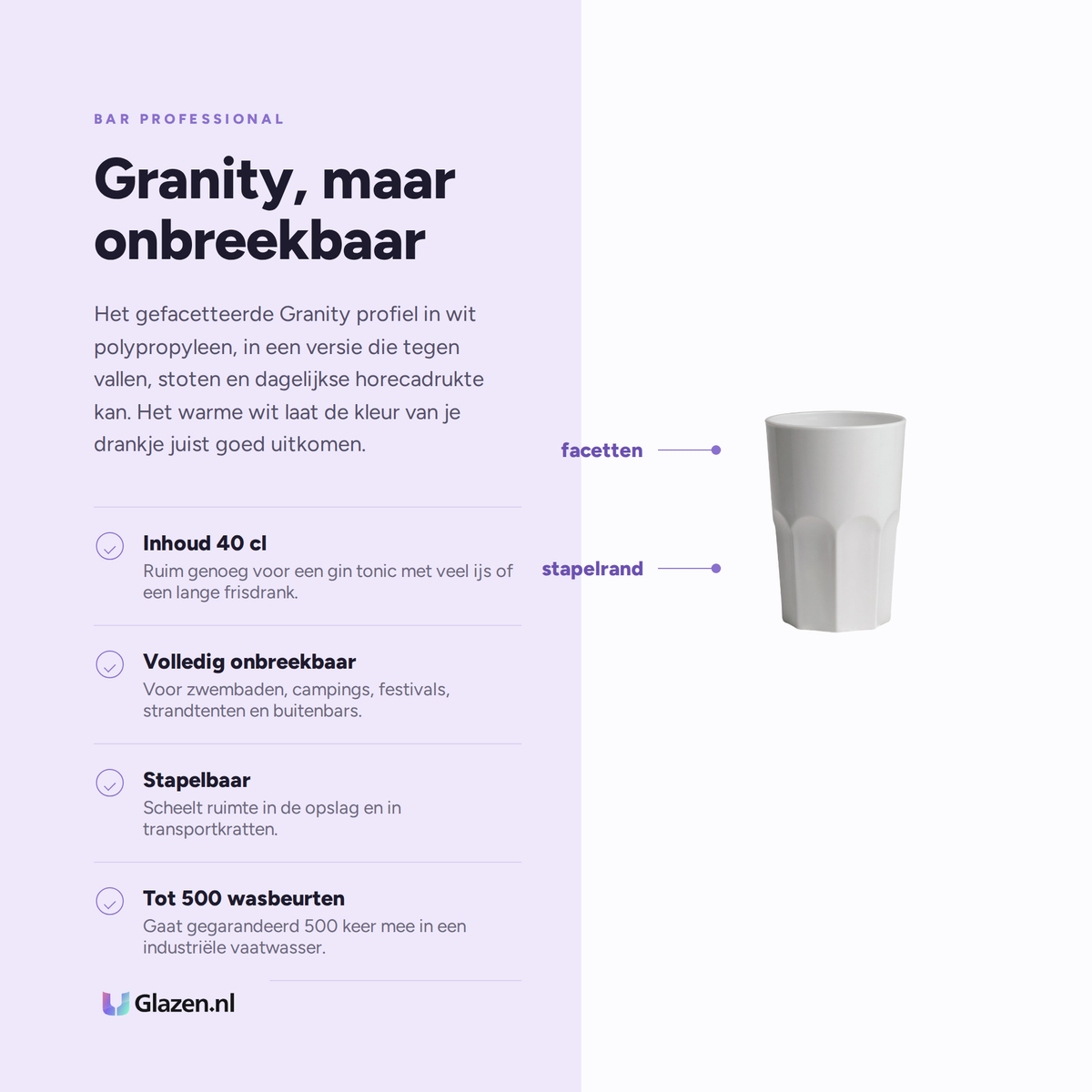Eigenschappen van het Bar Professional Granity Longdrinkglas Wit Onbreekbaar 40 Cl
