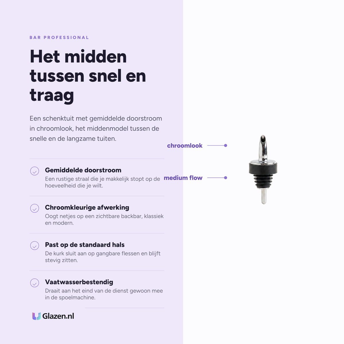 Infographic met de eigenschappen van de Bar Professional Medium Flow schenktuit in chroom