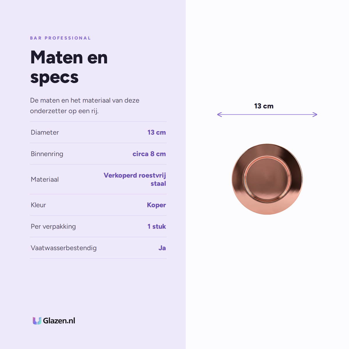 Maten en specs van Bar Professional Onderzetter Koper 13 cm