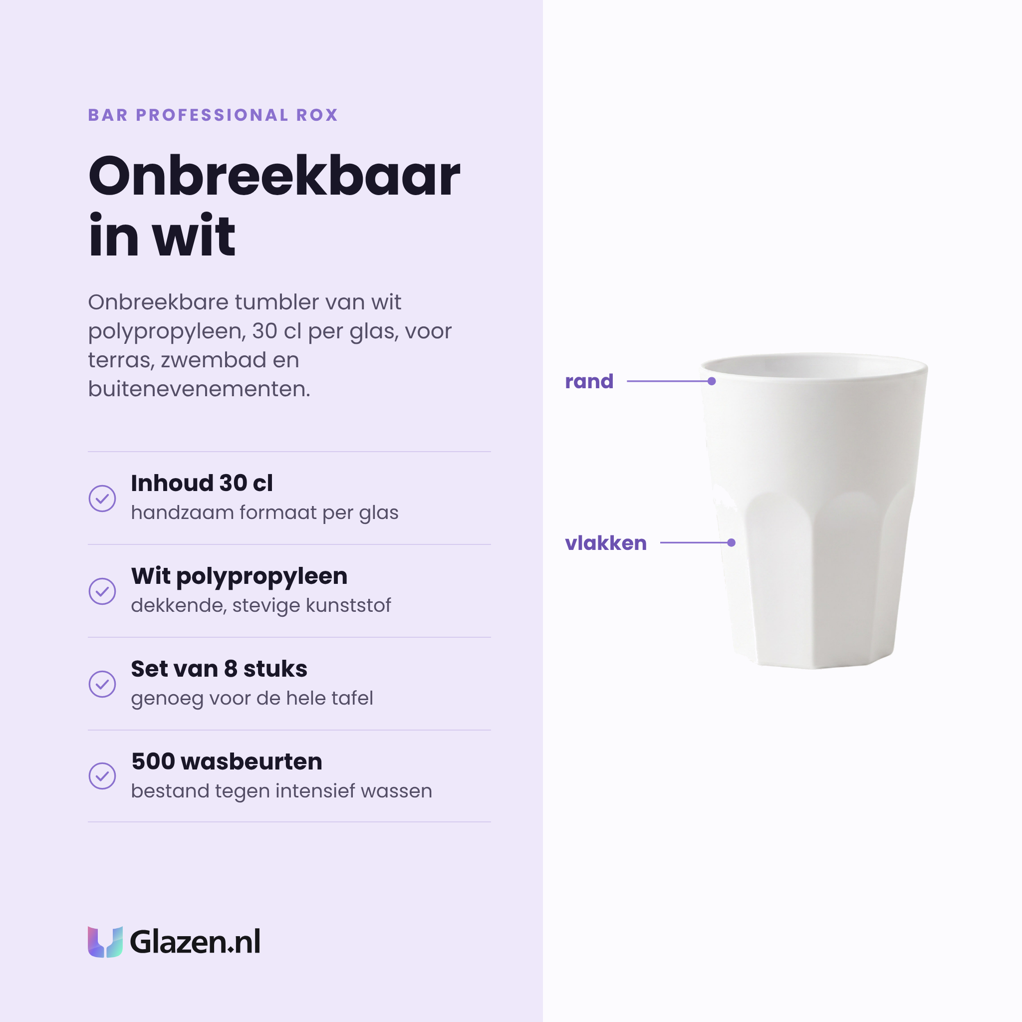Bar Professional Rox tumbler 30 cl eigenschappen: wit polypropyleen, onbreekbaar, set van 8, bestand tegen 500 wasbeurten