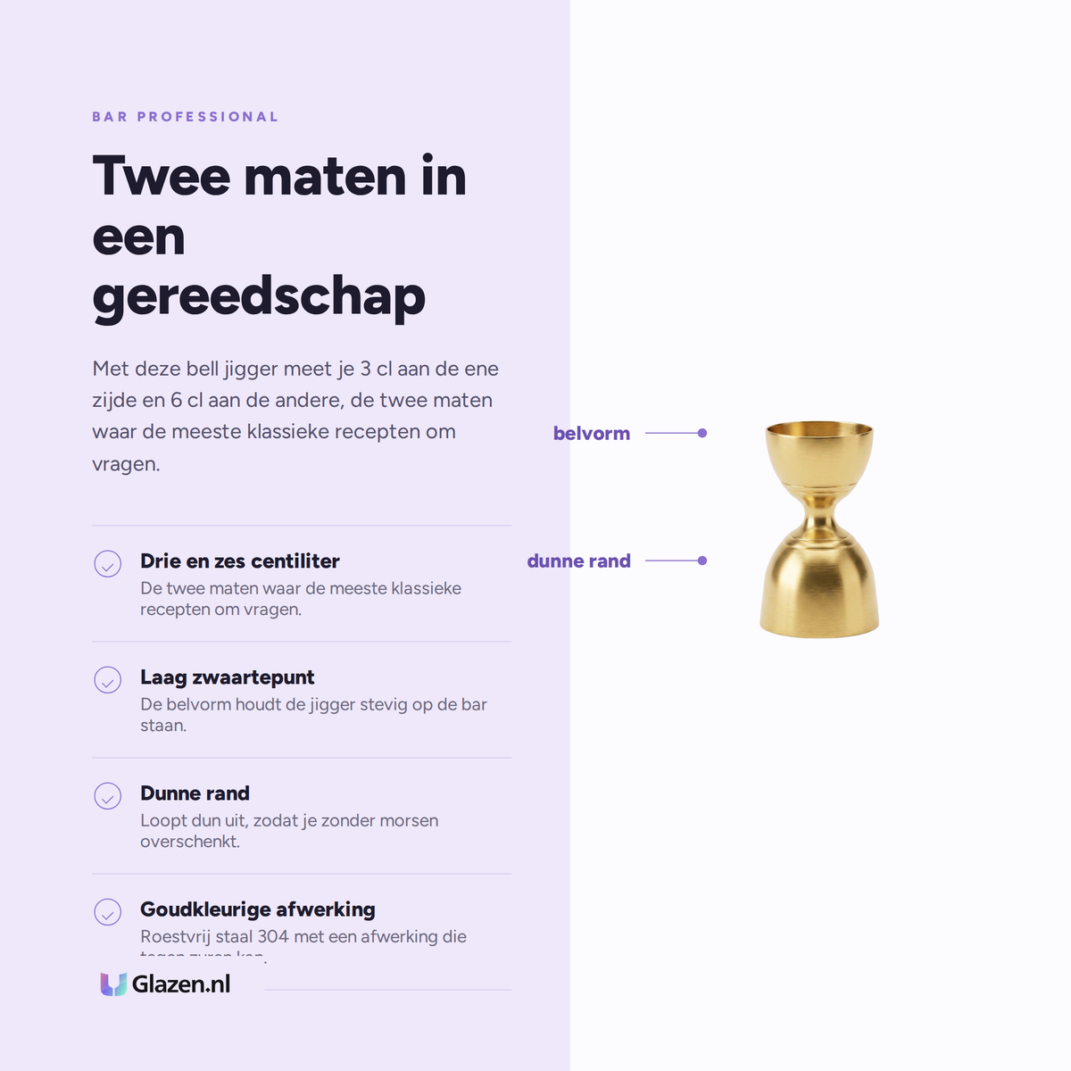 Infographic met de eigenschappen van de Bar Professional Speakeasy Bell Jigger Goud 3/6 Cl