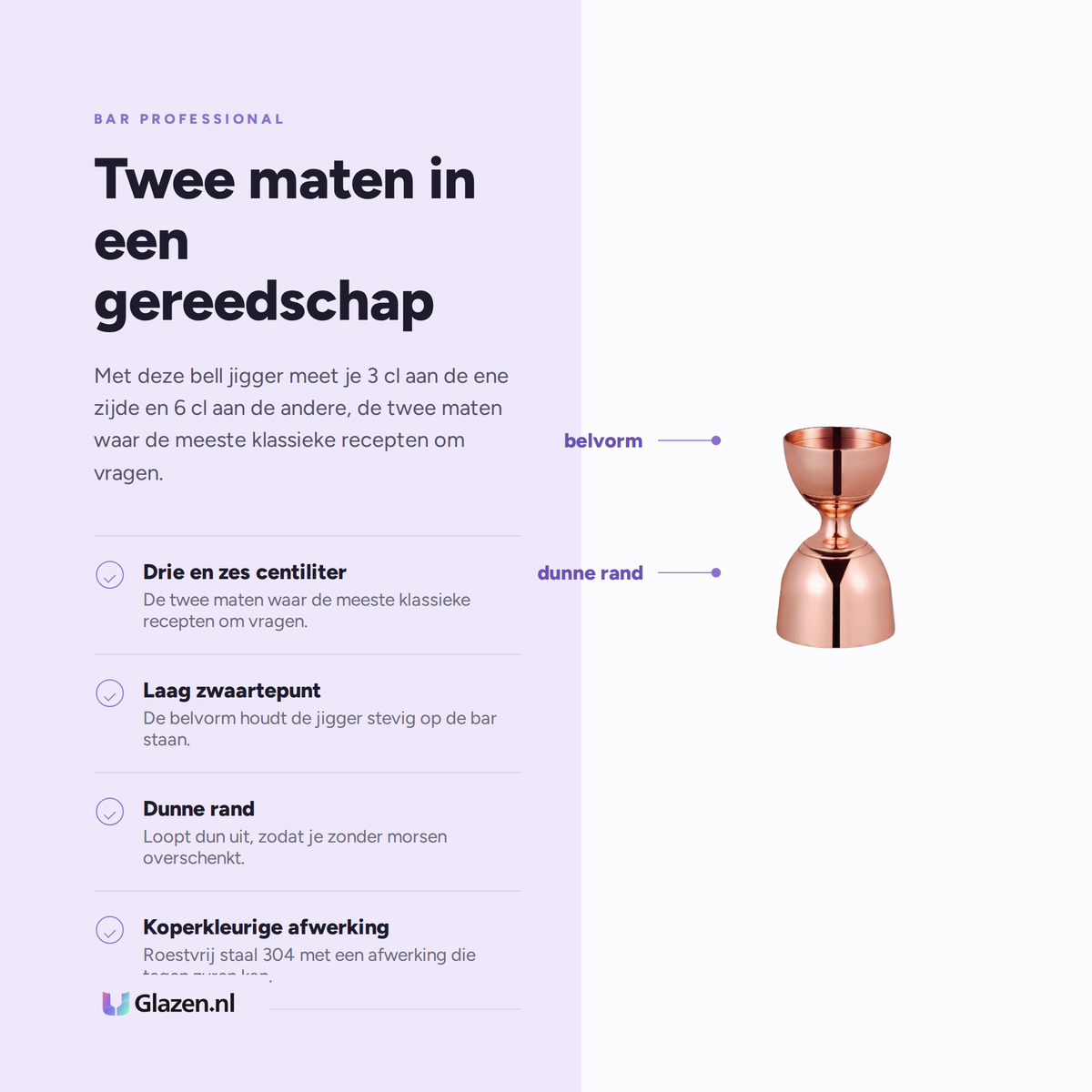 Infographic met de eigenschappen van de Bar Professional Speakeasy Bell Jigger Koper 3/6 Cl