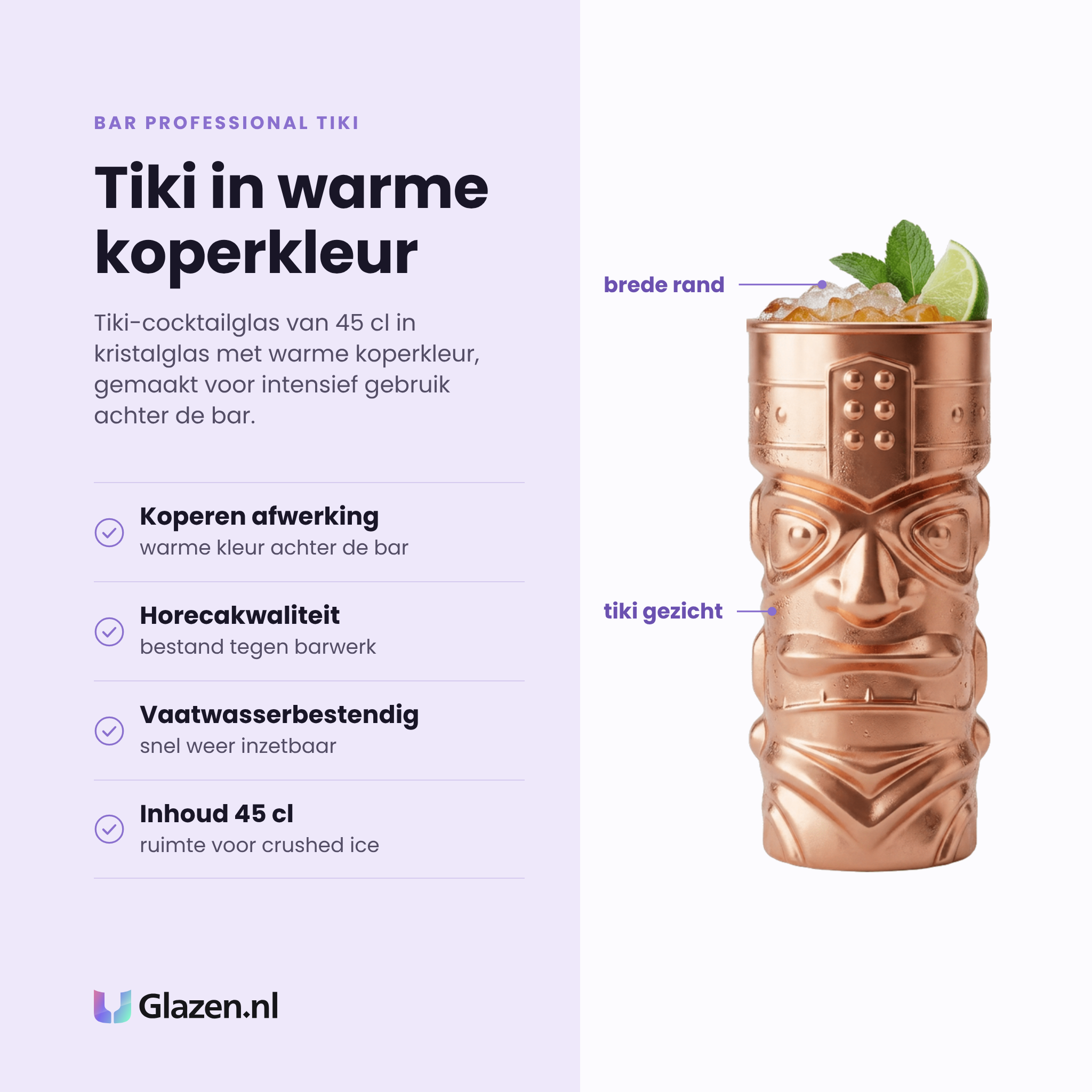 Bar Professional Tiki tiki-cocktailglas 45 cl eigenschappen: koperkleurige afwerking, horecakwaliteit, vaatwasserbestendig, ruimte voor crushed ice