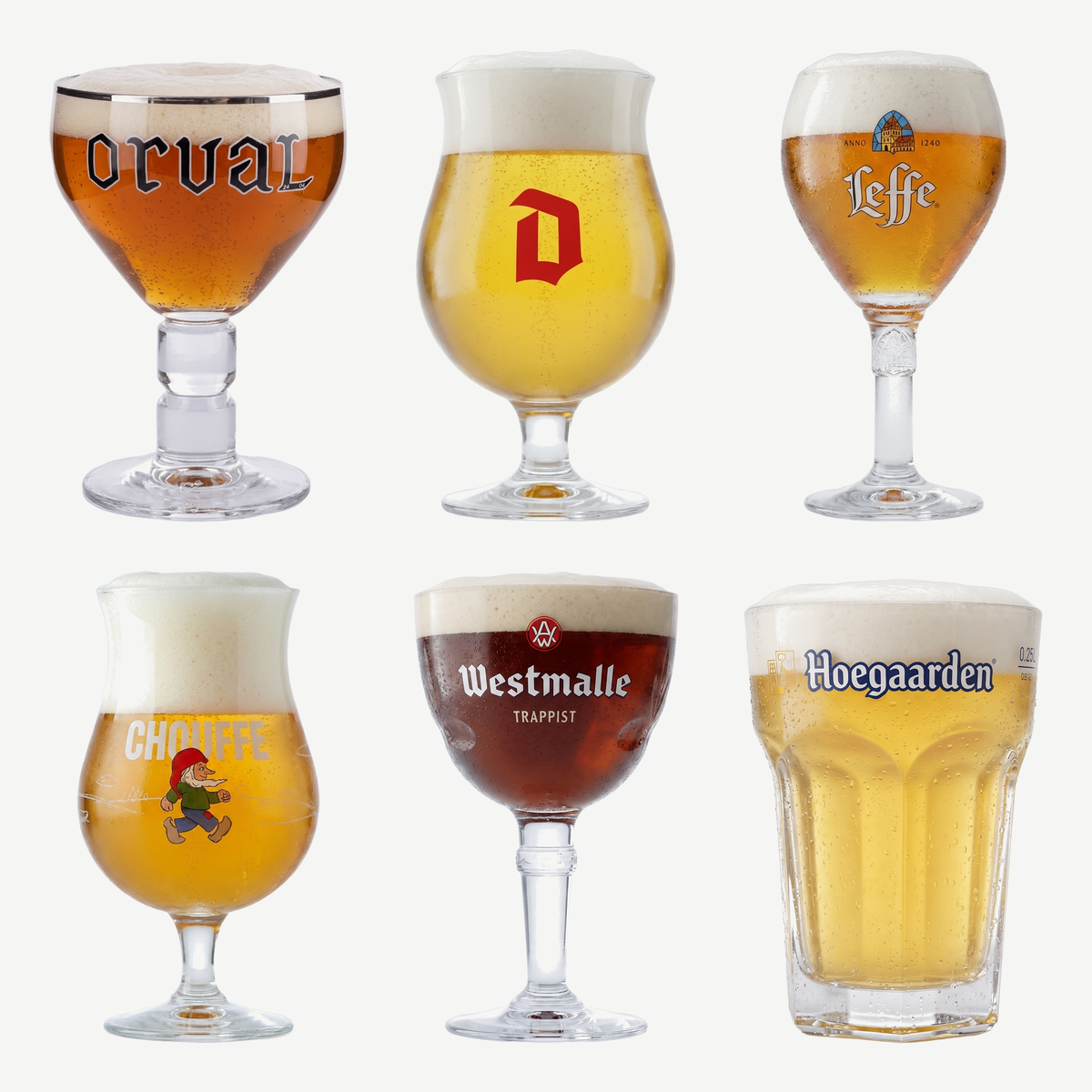 Belgisch bierproefpakket met de glazen van Orval, Duvel, Leffe, La Chouffe, Westmalle en Hoegaarden