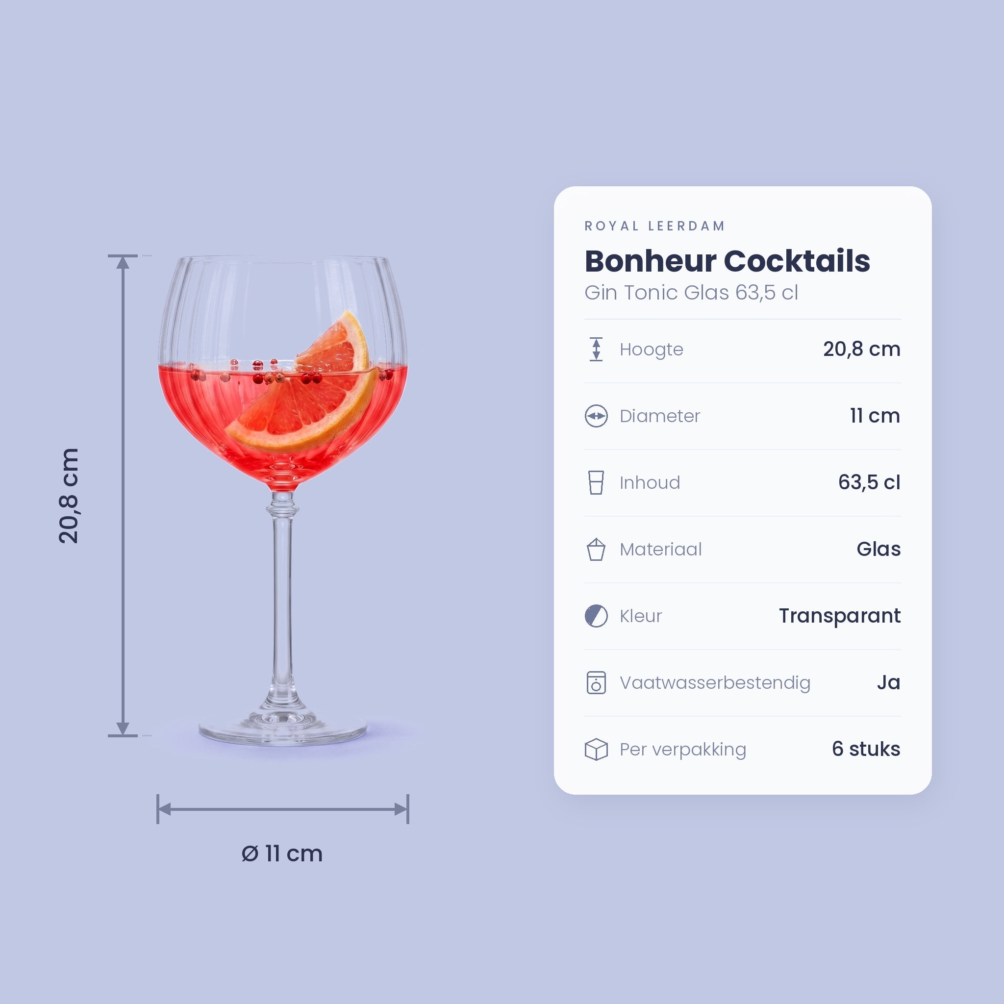 Specificatiekaart Royal Leerdam Bonheur Cocktails gin tonic glas: 20,8 cm hoog, 11 cm diameter, 63,5 cl, vaatwasserbestendig, 6 stuks