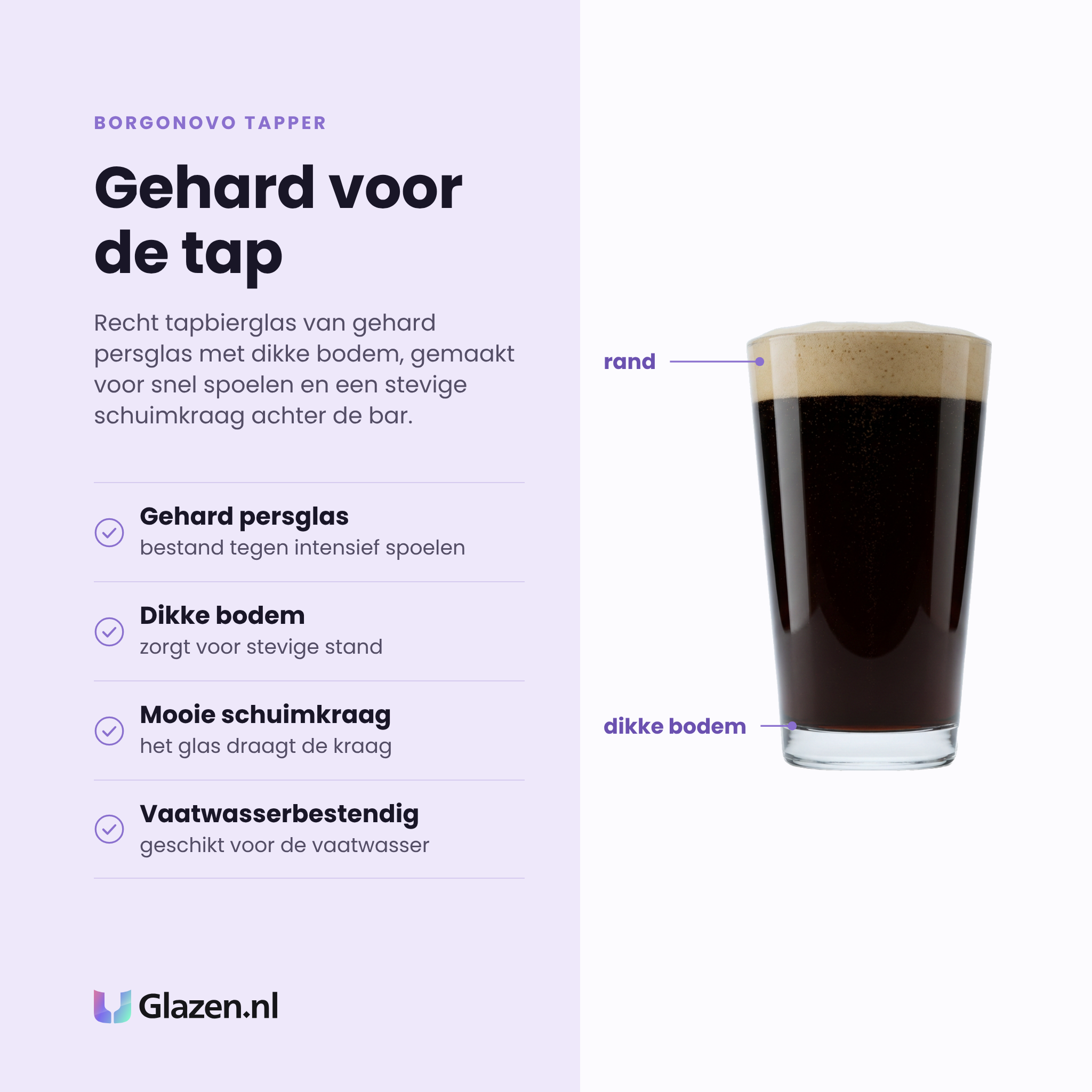 Borgonovo Tapper bierglas 33 cl eigenschappen: gehard persglas, dikke bodem, mooie schuimkraag, vaatwasserbestendig