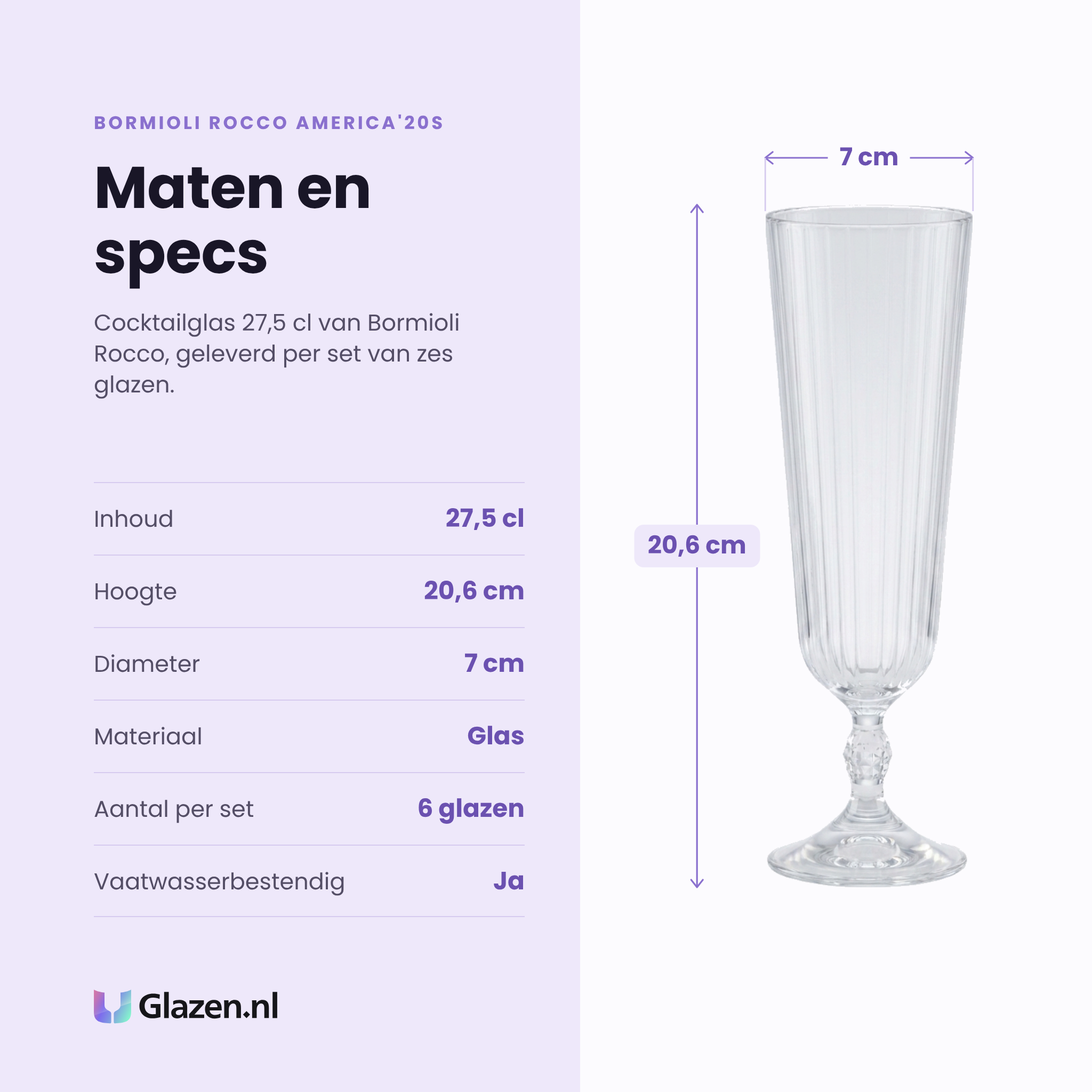 Bormioli Rocco America'20s cocktailglas 27,5 cl specificaties: inhoud 27,5 cl, hoogte 20,6 cm, diameter 7 cm, glas, set van 6