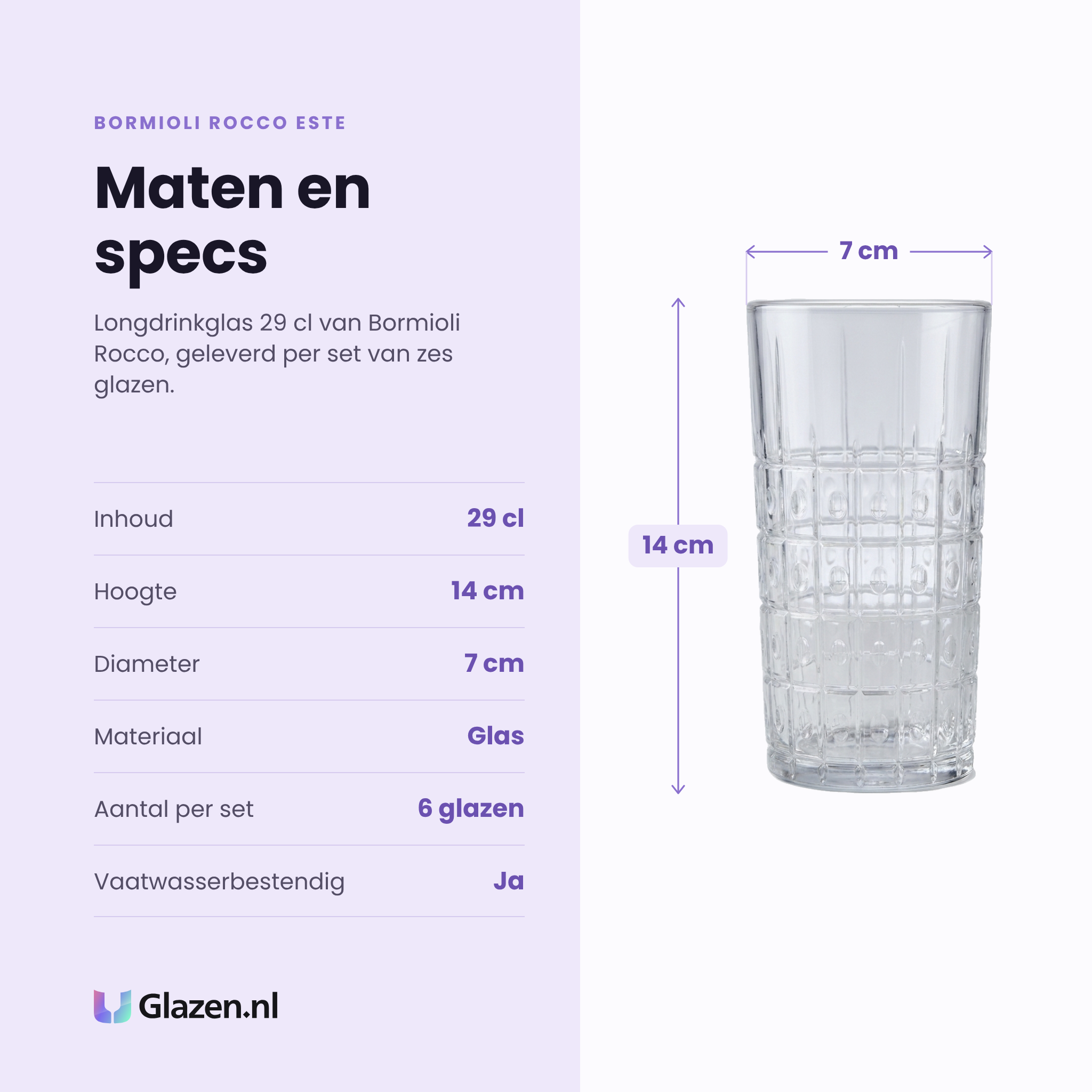 Bormioli Rocco Este longdrinkglas 29 cl specificaties: inhoud 29 cl, hoogte 14 cm, diameter 7 cm, glas, set van 6