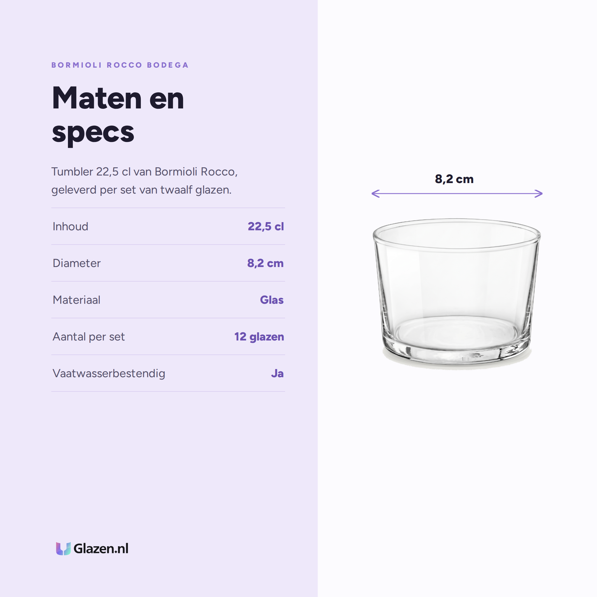 Bormioli Rocco Bodega Tumbler 22 Cl specificaties: inhoud 22,5 cl, diameter 8,2 cm, materiaal Glas, aantal per set 12 glazen, vaatwasserbestendig Ja