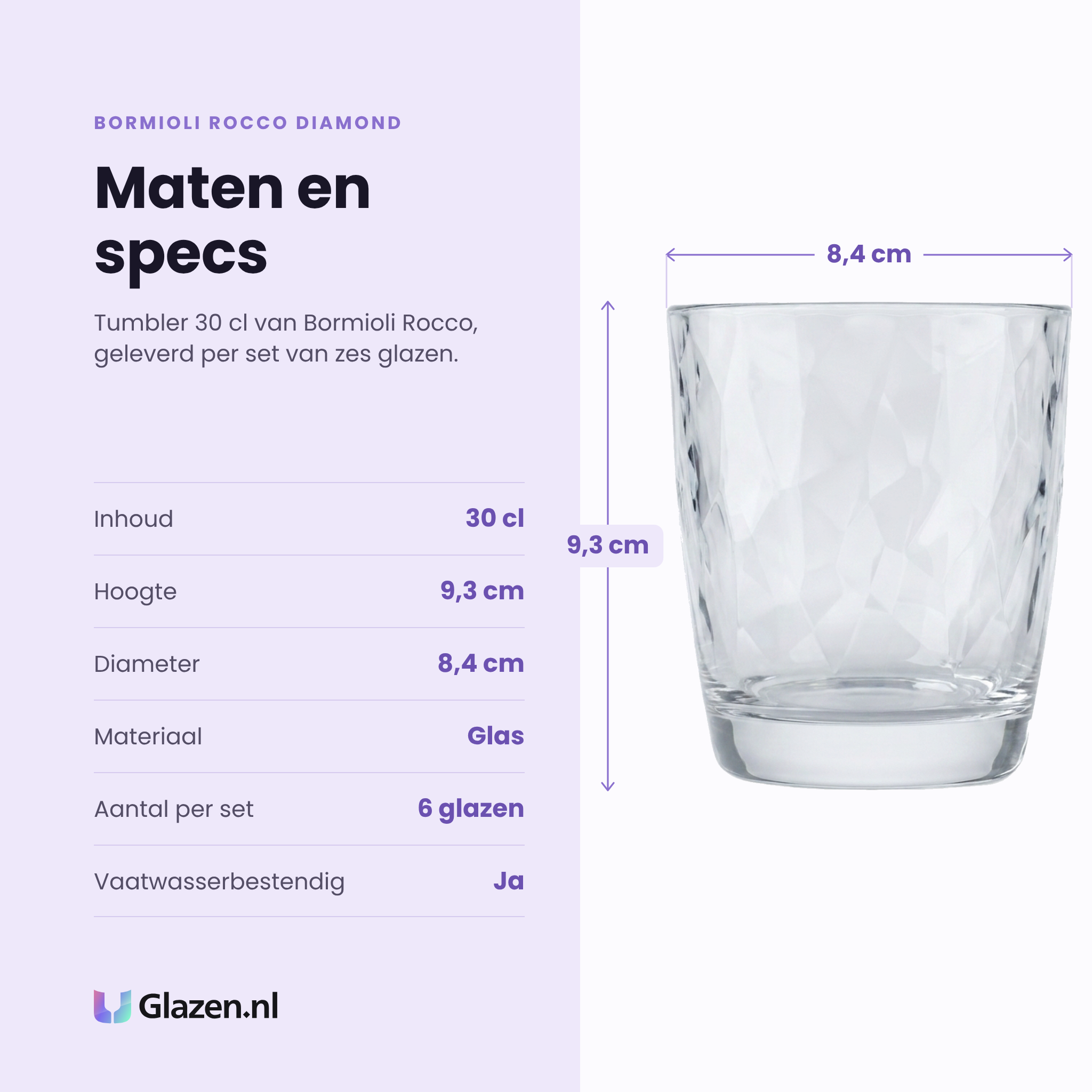 Bormioli Rocco Diamond tumbler 30 cl specificaties: inhoud 30 cl, hoogte 9,3 cm, diameter 8,4 cm, glas, set van 6