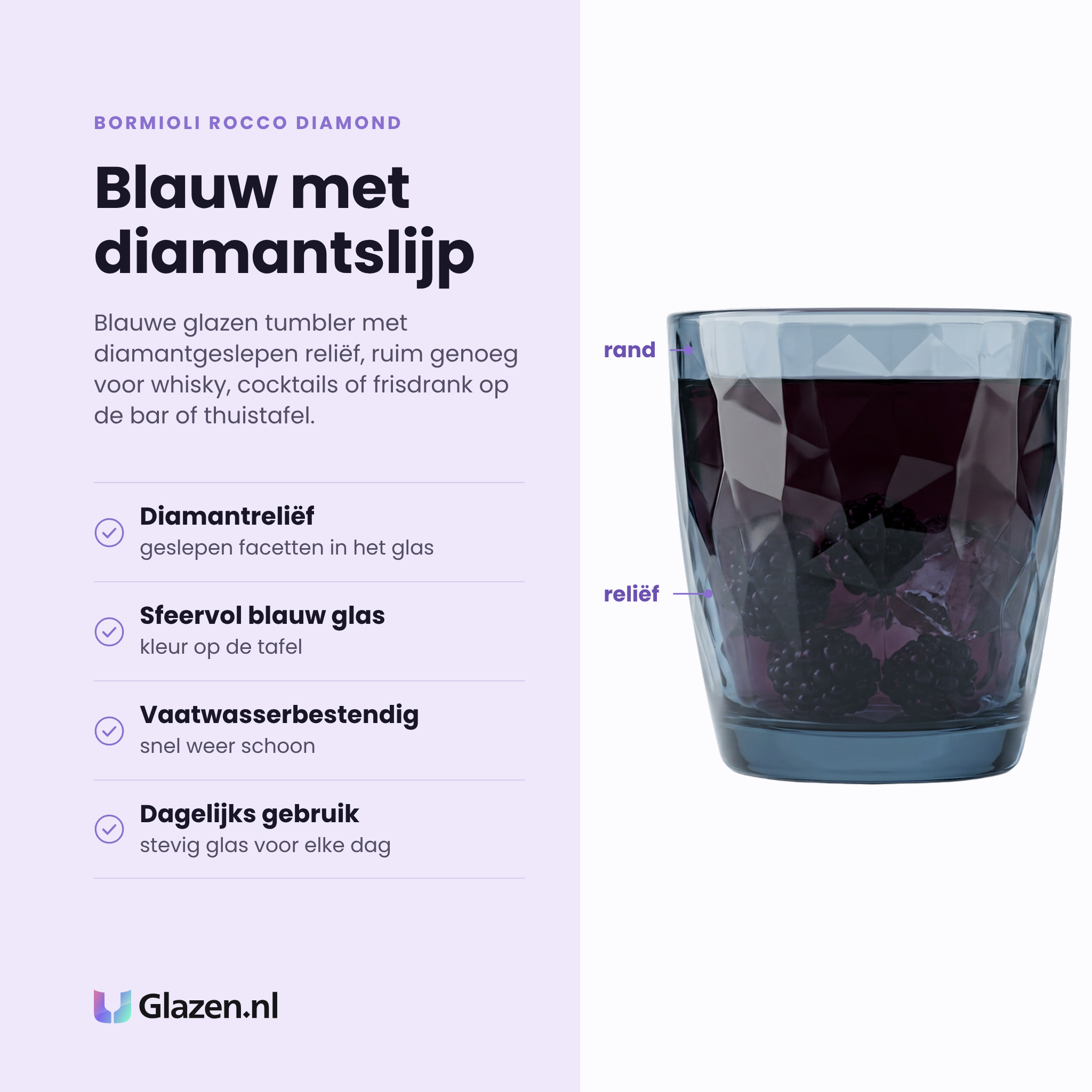 Bormioli Rocco Diamond tumbler 39 cl eigenschappen: diamantgeslepen reliëf, sfeervol blauw glas, vaatwasserbestendig, geschikt voor dagelijks gebruik